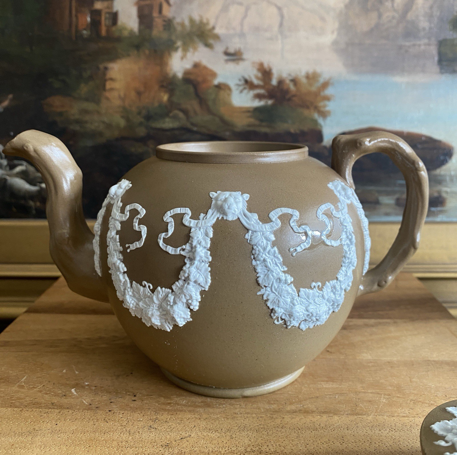 RIDGWAY or DUDSON Brown Jasperware TEAPOT CREAMER SUGAR Antique England 19th CE