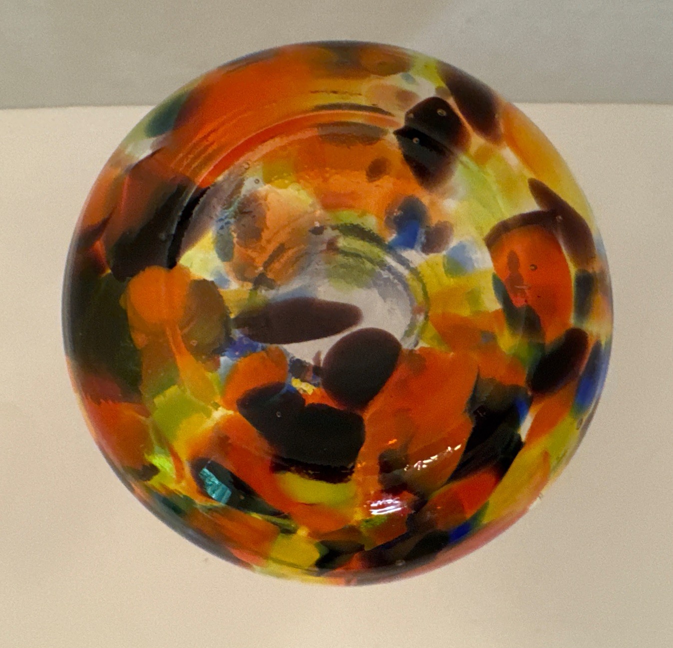 4.75” Hand Blown Pitcher Spatter Yellow Orange Glass Applied Cobalt Blue Handle