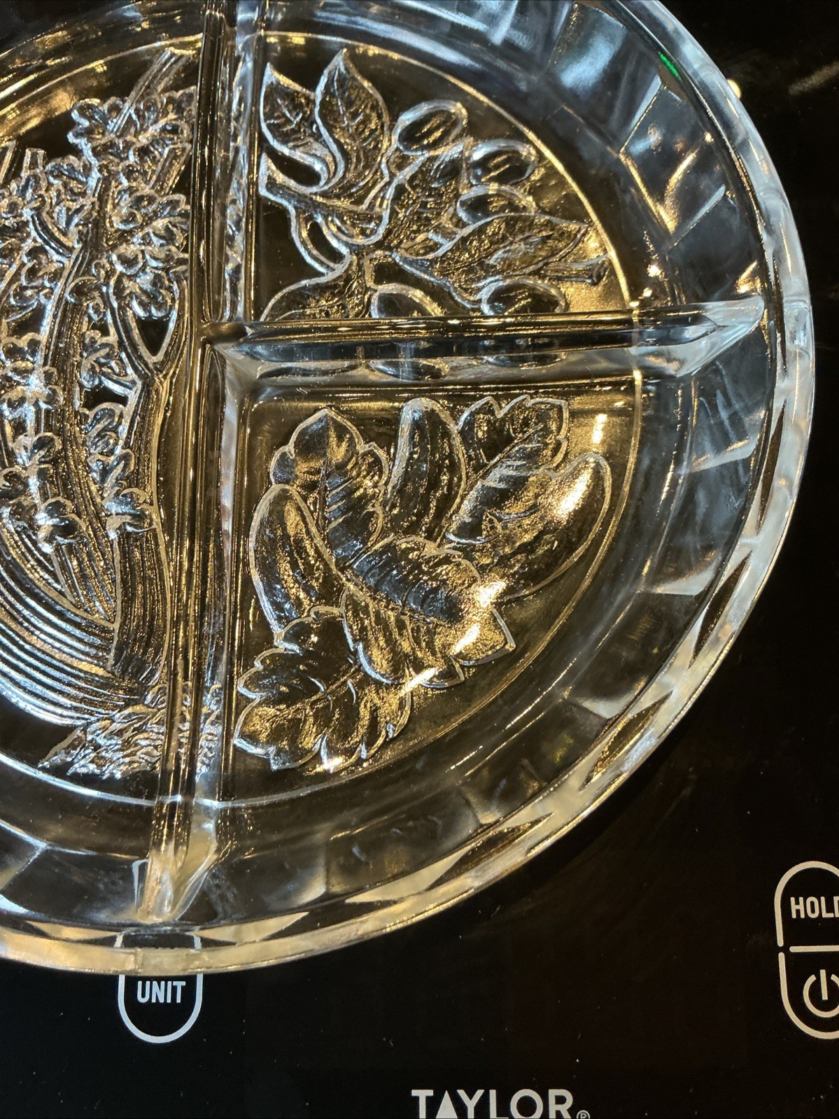 Vintage Indiana Glass 7.5” Round Divided Embossed Relish Vegetable Dish