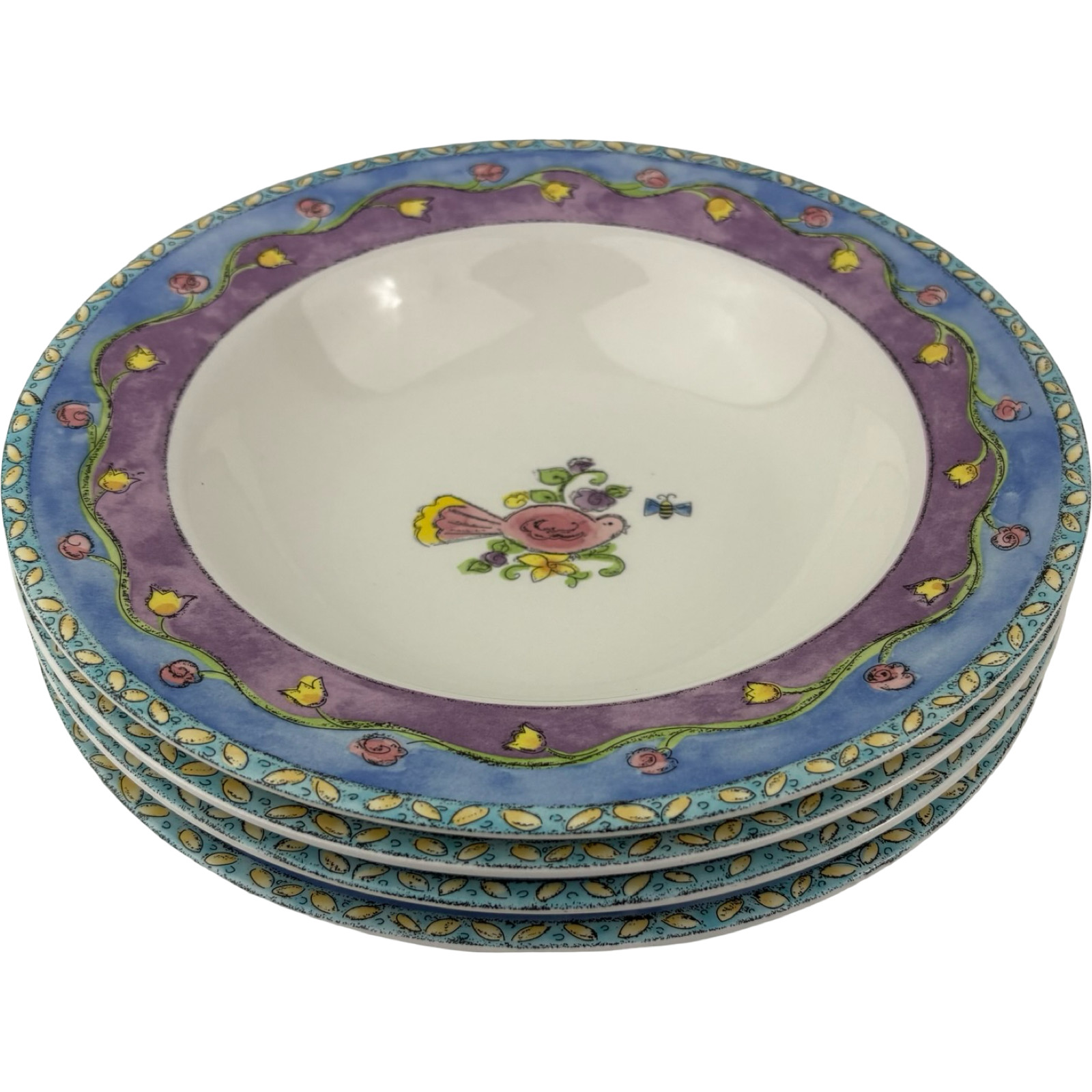 Sango Birds and the Bees Soup Bowls Set of 4 VTG 8 3/4″ Sue Zipkin Stoneware A