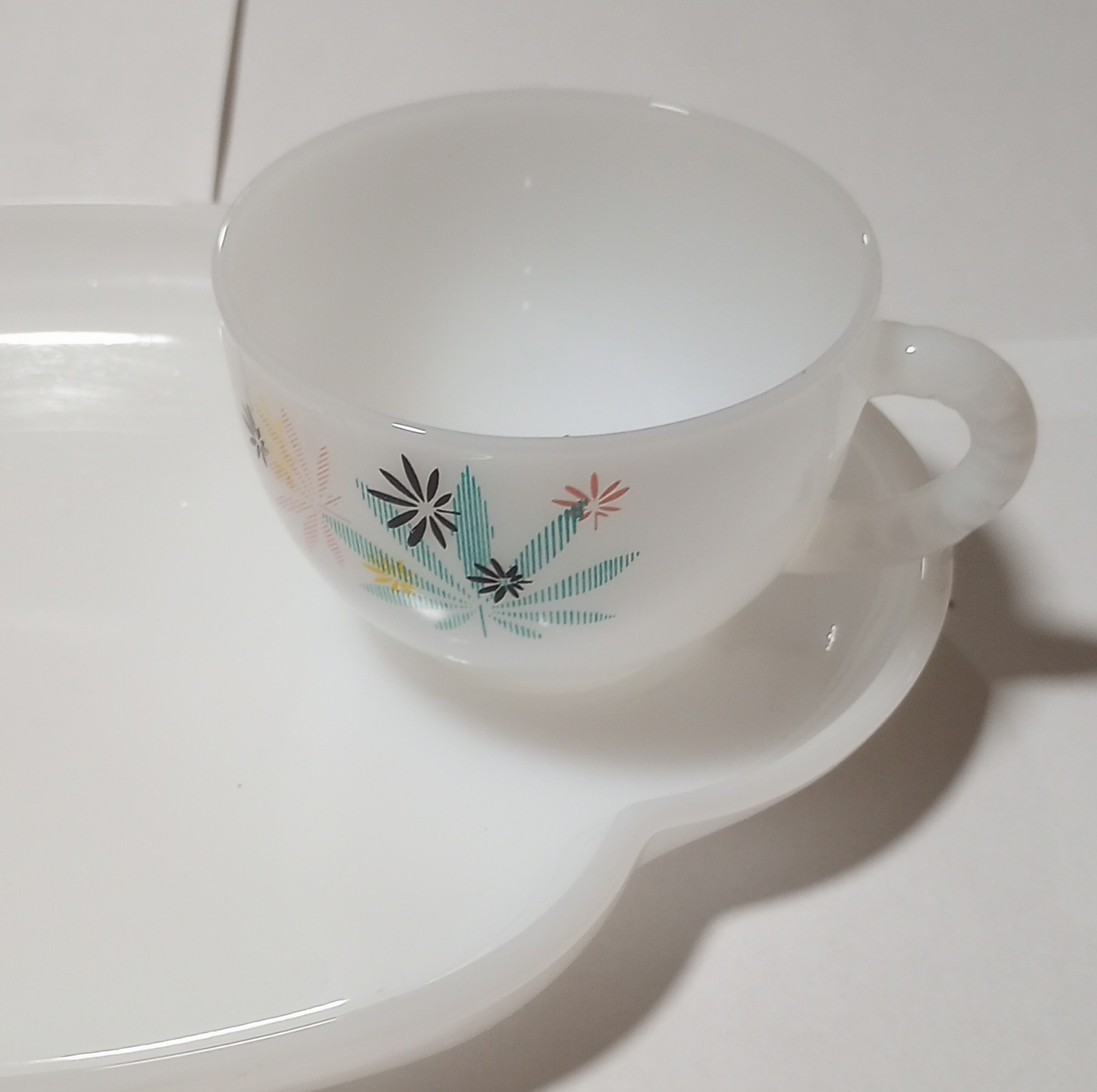 Floral Glass Cup & Saucer Set, White Multi-Color, Four-Piece, Glossy Finish