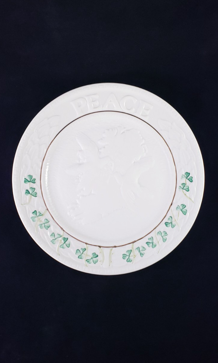 Belleek Ireland Fine China Peace Plate w/ Doves Shamrocks & Gold Trim