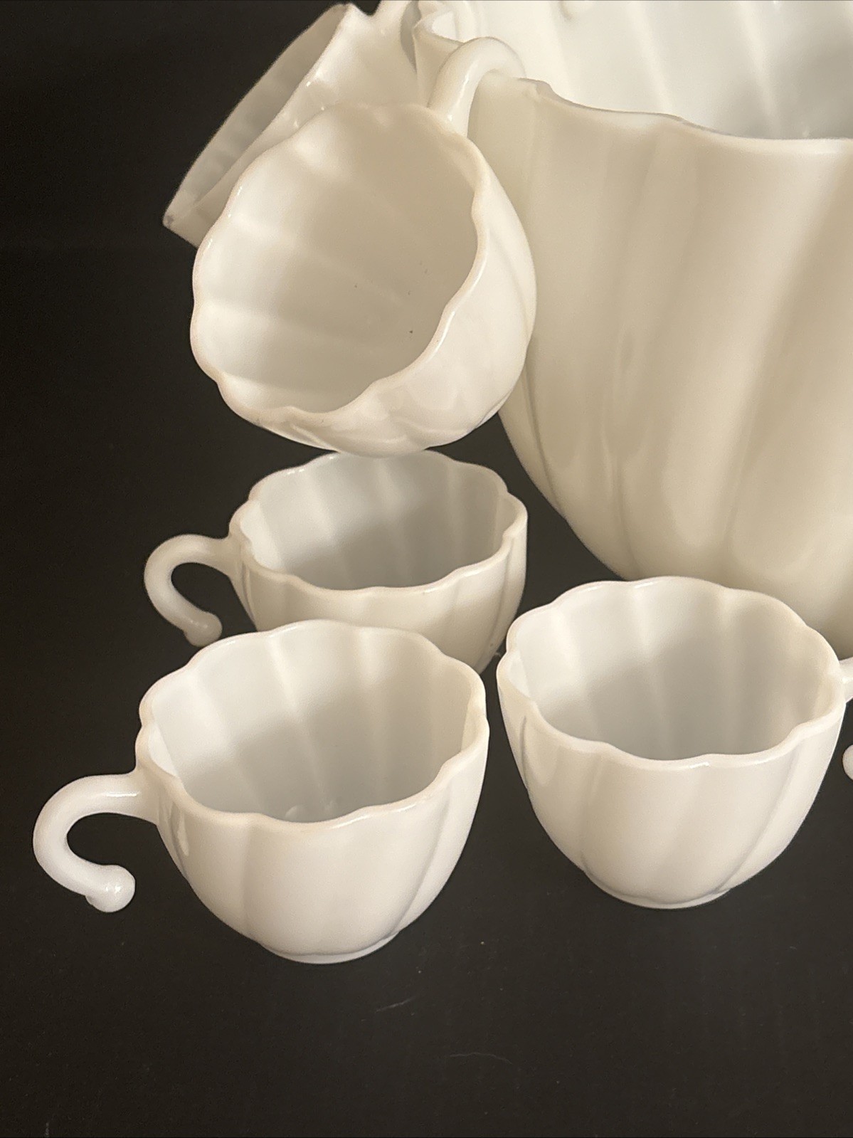 Vtg Hazel Atlas Milk Glass Alpine White Swirl Punch Bowl 12 Cups W Vtg Ladle