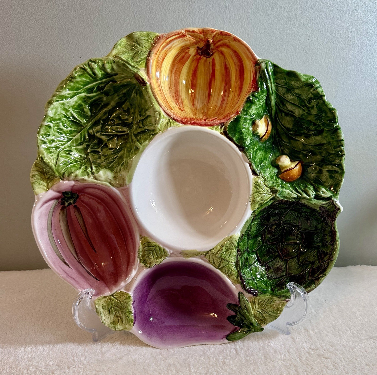 VTG 14″ Majolica Casafina Vegetable & Dip Tray Eggplant Mushroom Artichoke…Italy