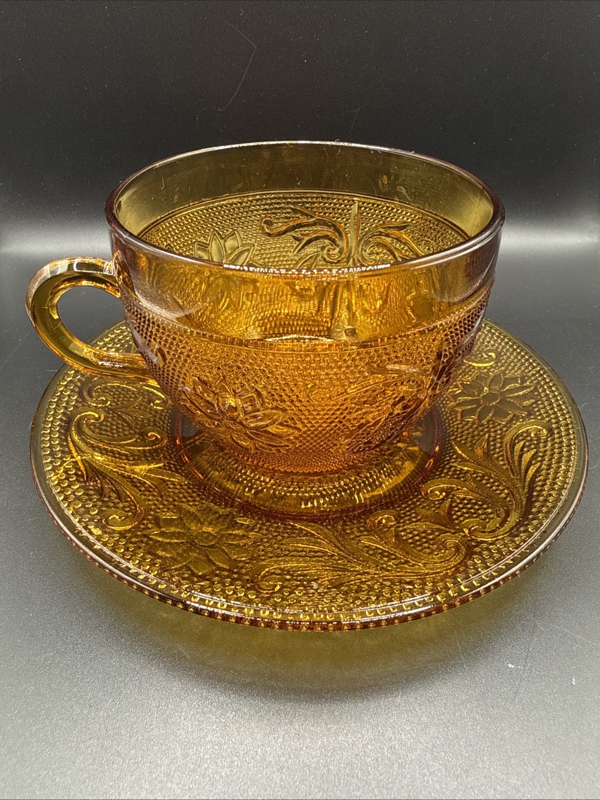 VTG Indiana Glass AMBER Tiara Sandwich Pattern Cup & Saucer Set Excellent