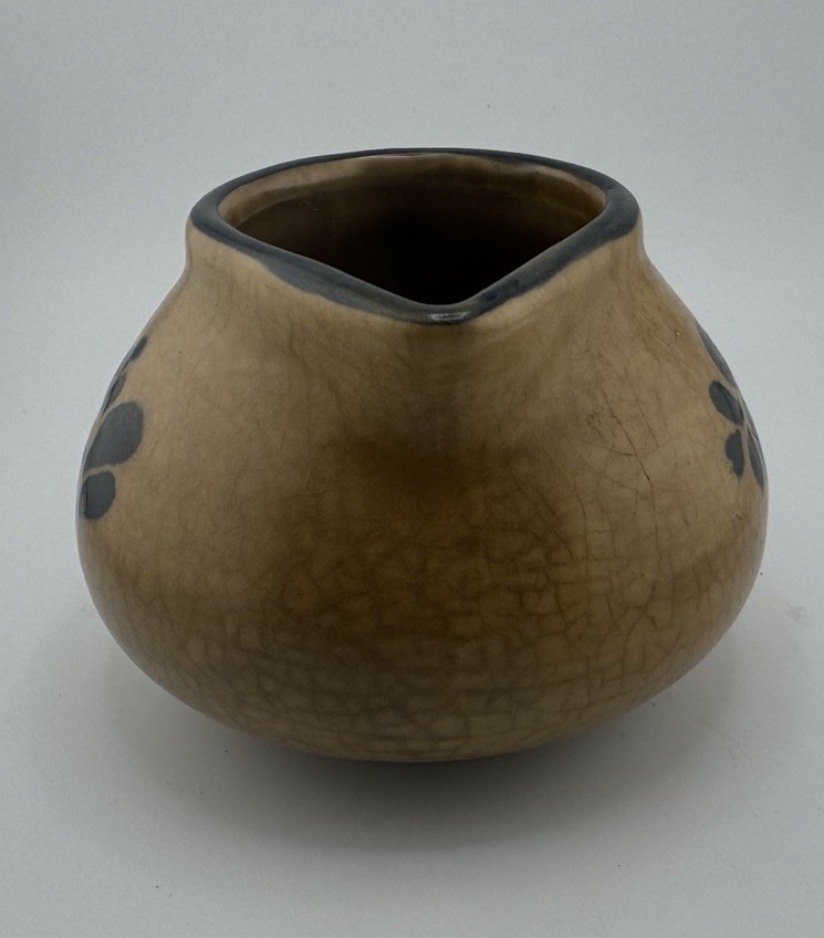 Vintage Pottery Cream Pitcher Brown Black Floral Stoneware Creamer 4” Tall