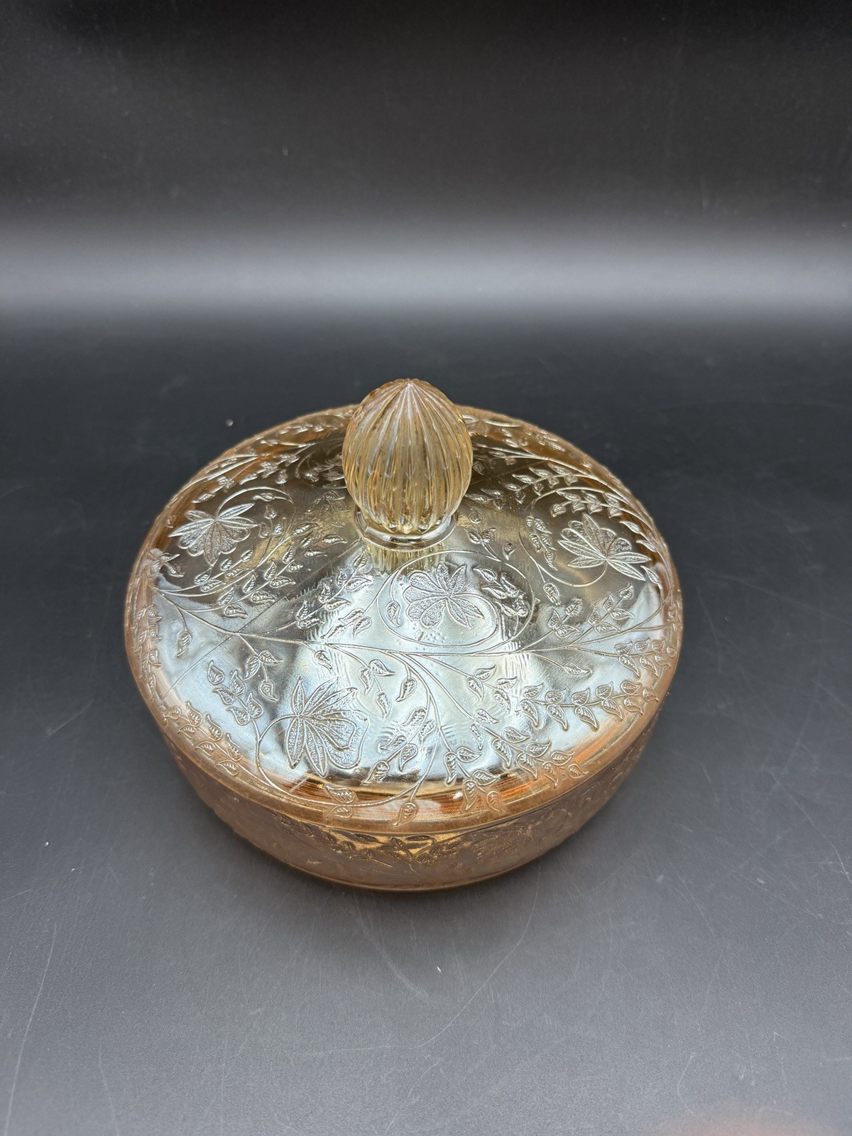 GORGEOUS! Vintage Jeannette Glass Floragold “Louisa” Covered Candy Dish