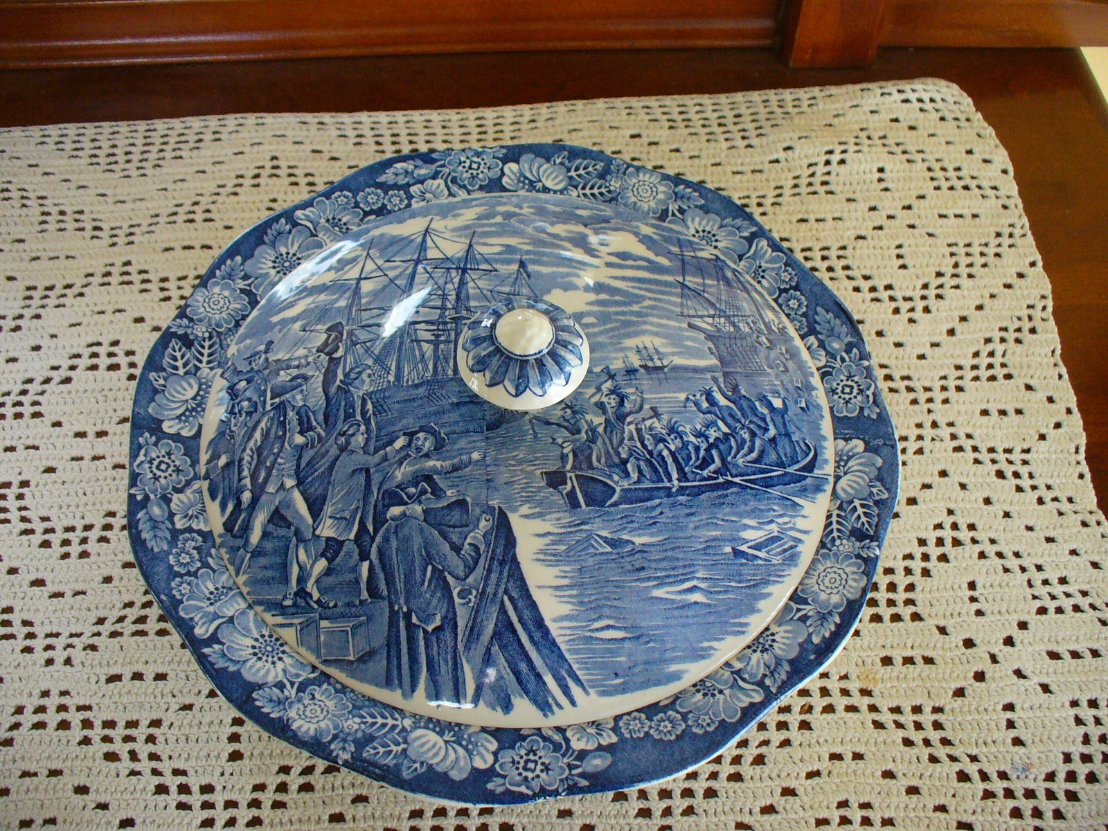 LIBERTY BLUE Staffordshire Covered Vegetable Bowl “Boston Tea Party”