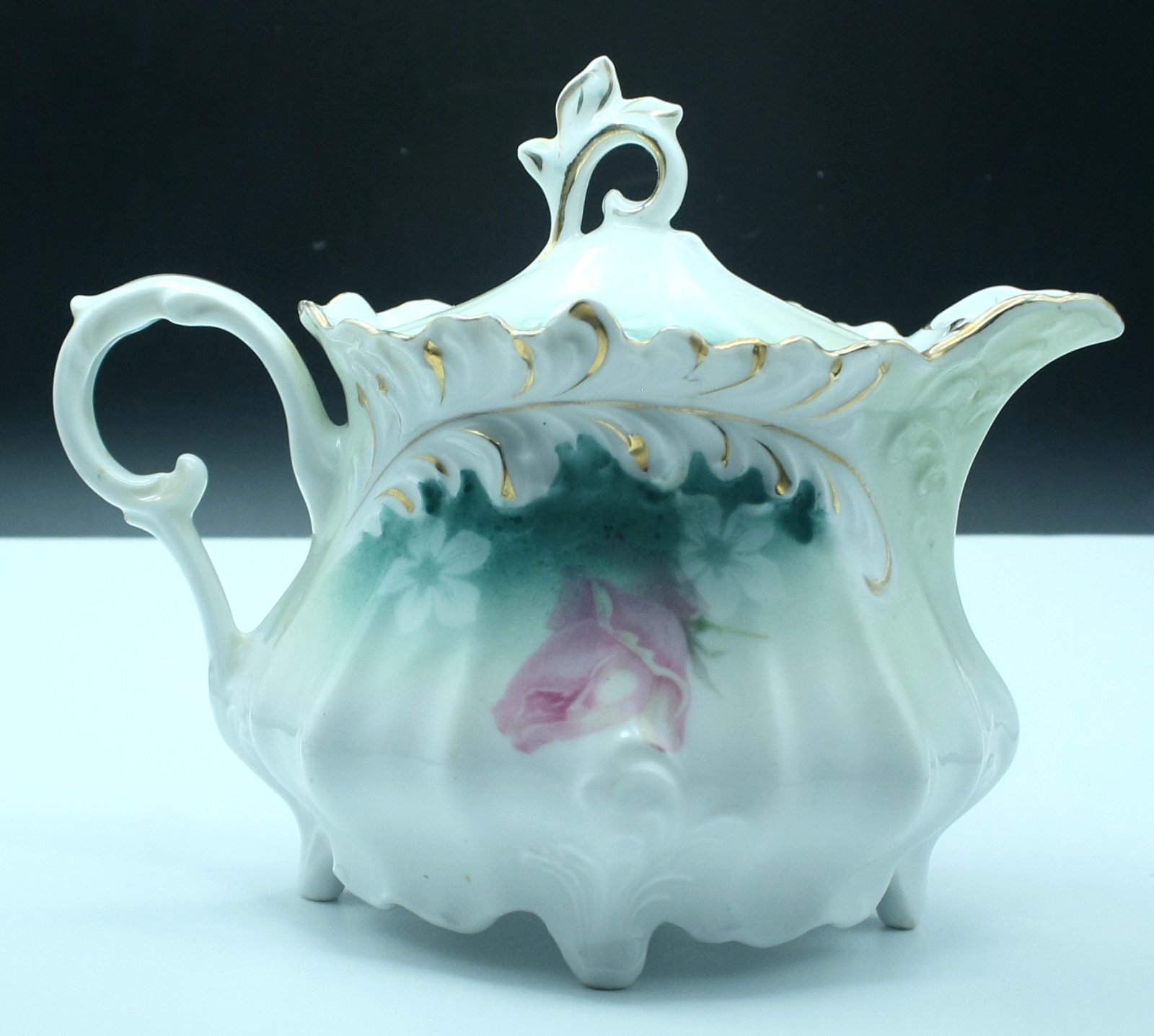 Antique R.S. Prussia Attributed Lidded Creamer Pink Roses Green Unmarked