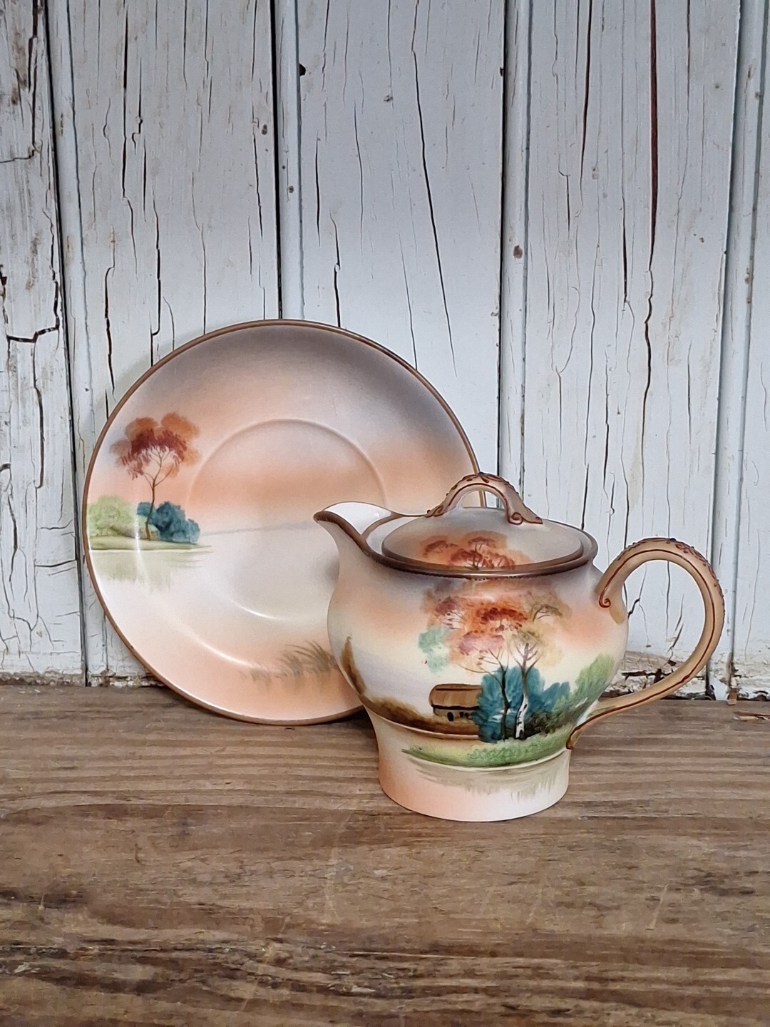 Antique Morimura Nippon Hand Painted Porcelain Creamer with lid, Saucer Moriage