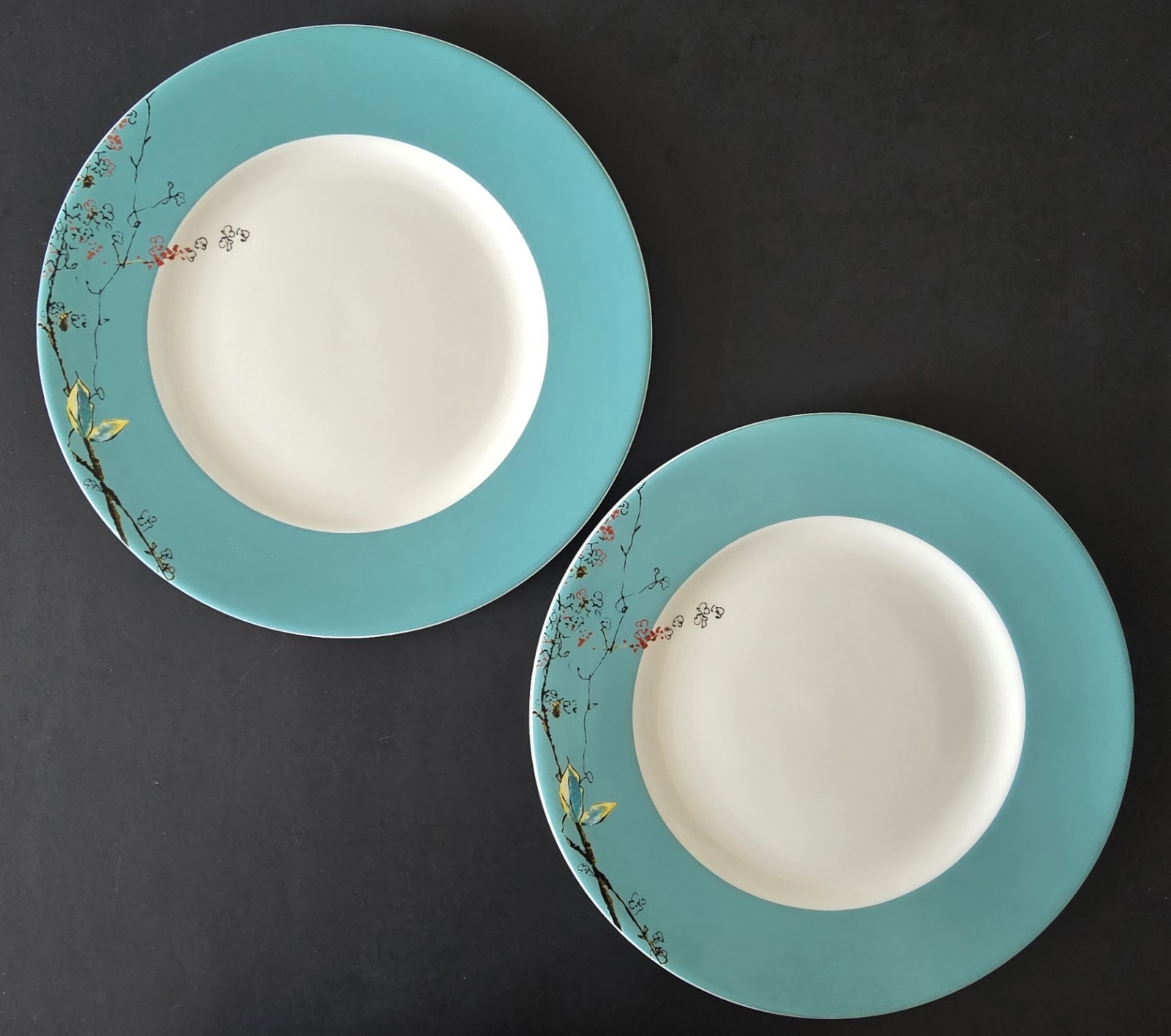 Lenox Chirp Large Dinner Plates (2) Turquoise Teal Floral Fine Bone China 11 in.