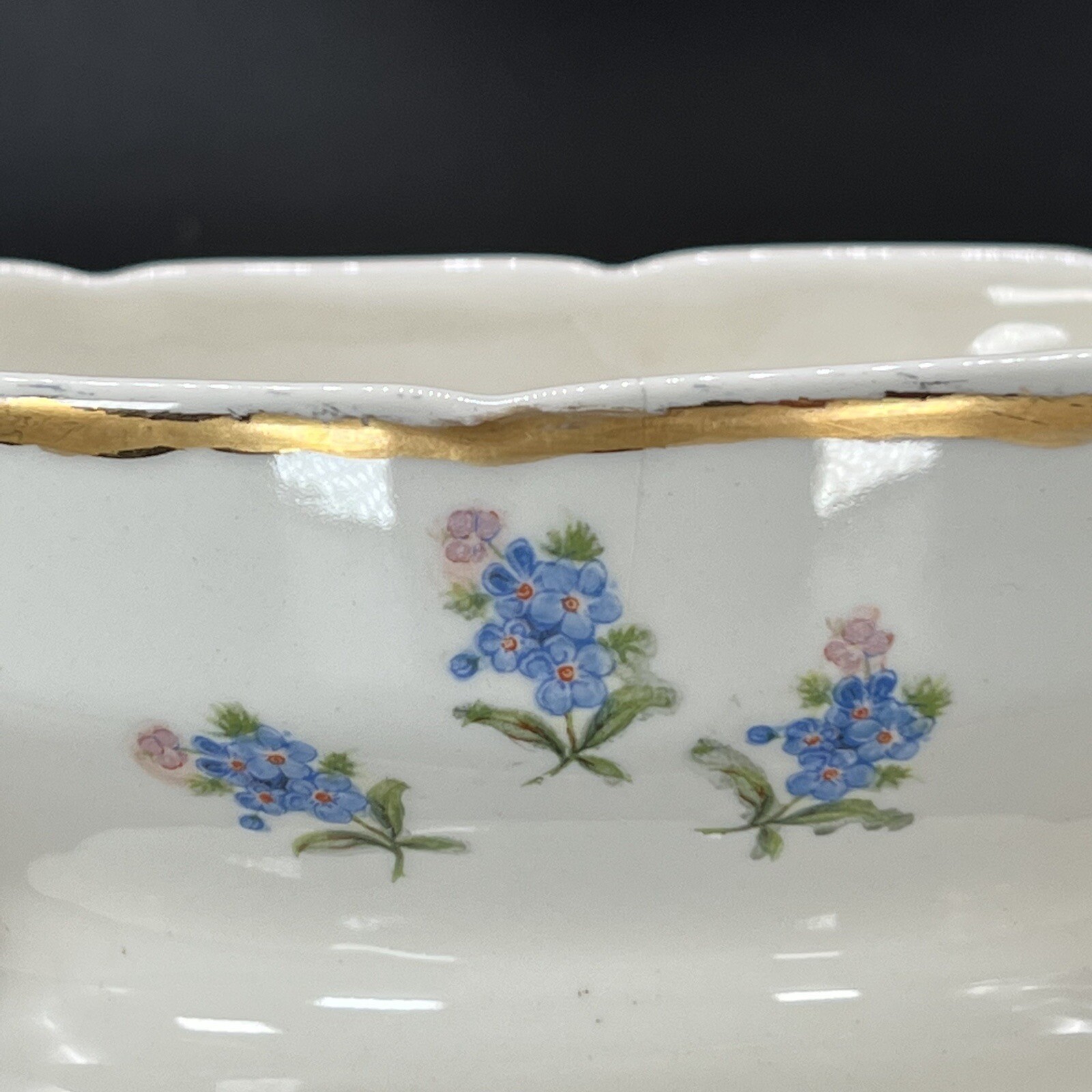 Gravy Boat Gold Trim & Handle Forget Me Nots Floral Vtg Gold Trim Signed F.W.