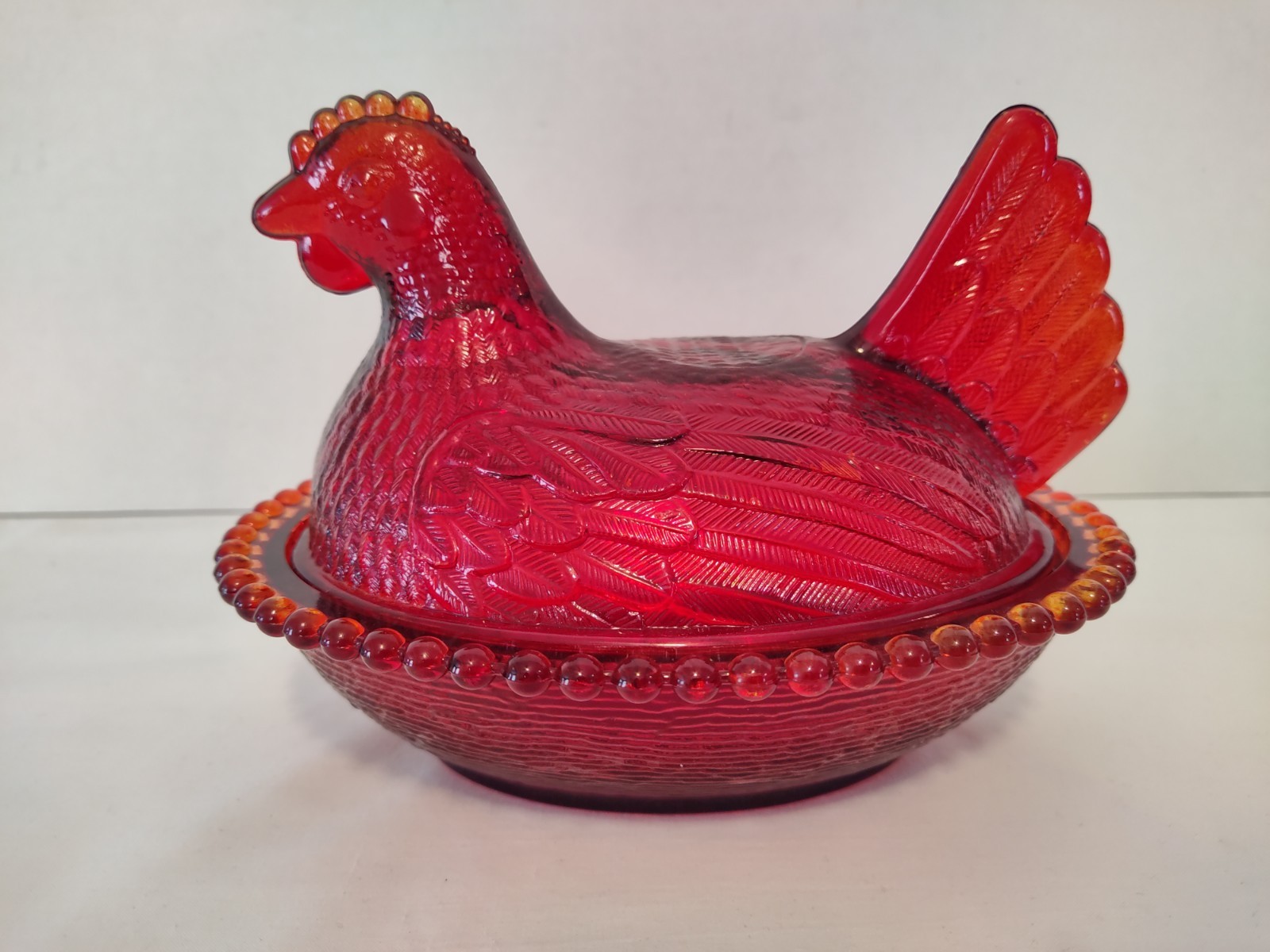 Vtg Red Flashed HEN ON NEST Indiana Glass 7” Candy Dish