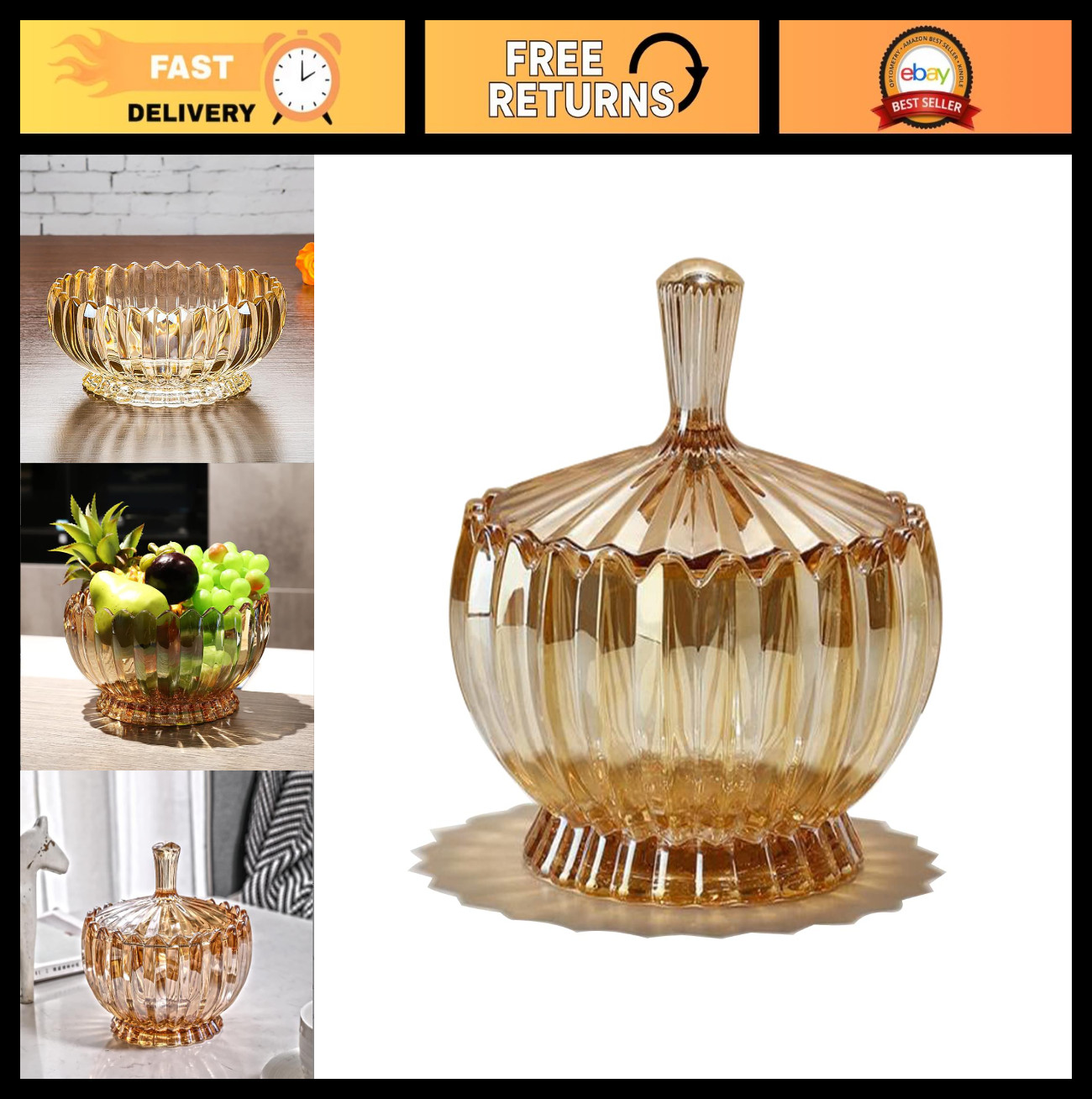 Decorative Amber Glass Candy Bowl with Cover, Crystal Fruit Plate, Elegant Servi