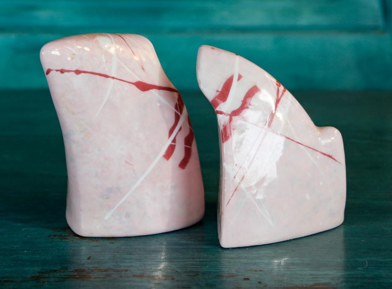 Set/2 Vintage Art Pottery Asymmetrical Fitted Pink Splatter Salt Pepper Shakers