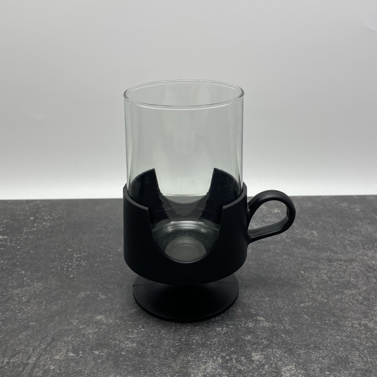 Vintage Set of 2 Glas-Snap by Corning 10oz Glasses Black Plastic Footed Holders