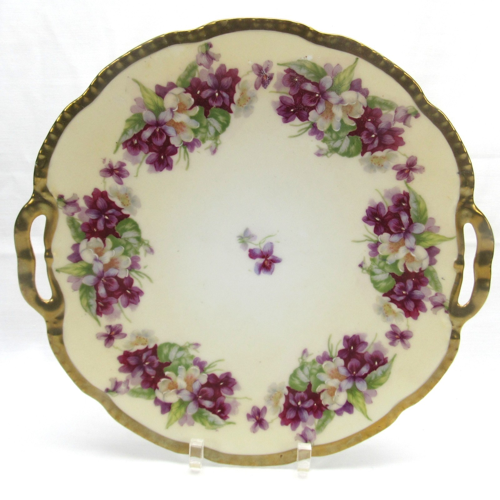 Vtg Prussia Beyer & Bock Purple Violets cak Plate 10.25“ antique gold trim