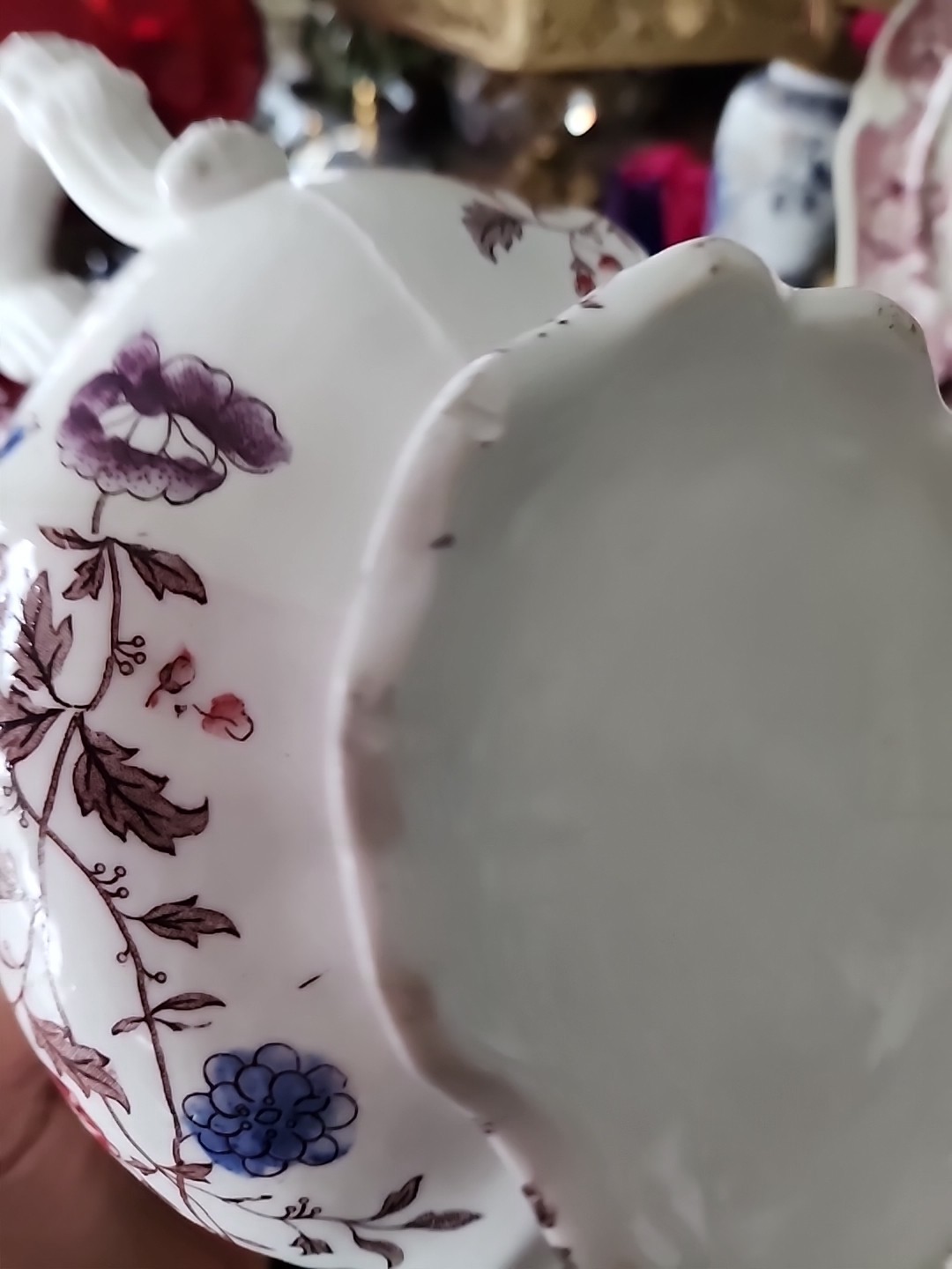 19thc Antique Brown Transferware Polychrome Porcelain Teapot