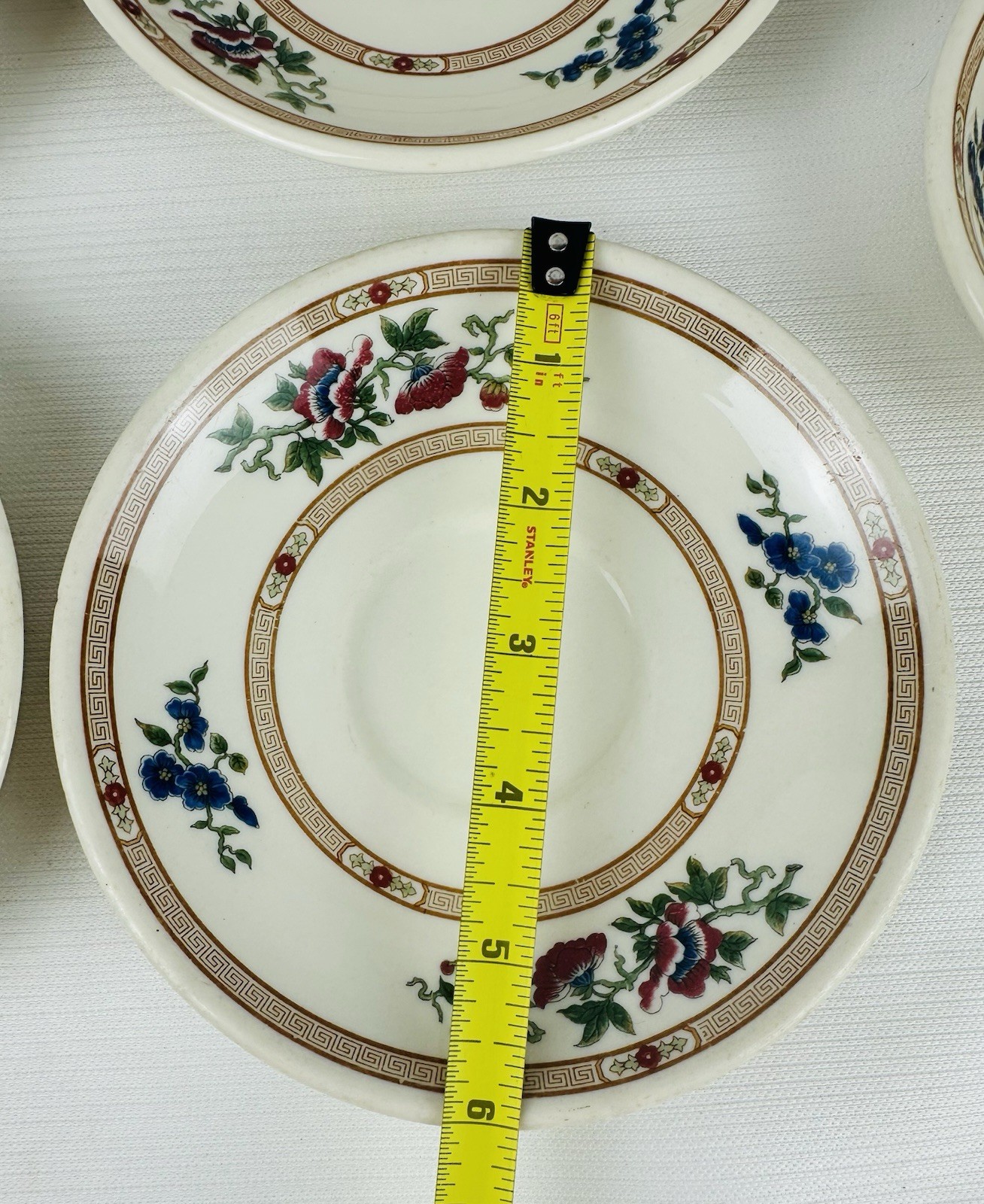VTG Old Ivory Syracuse China 8pc Saucer Plates Berry Bowls Floral Greek Key Trim