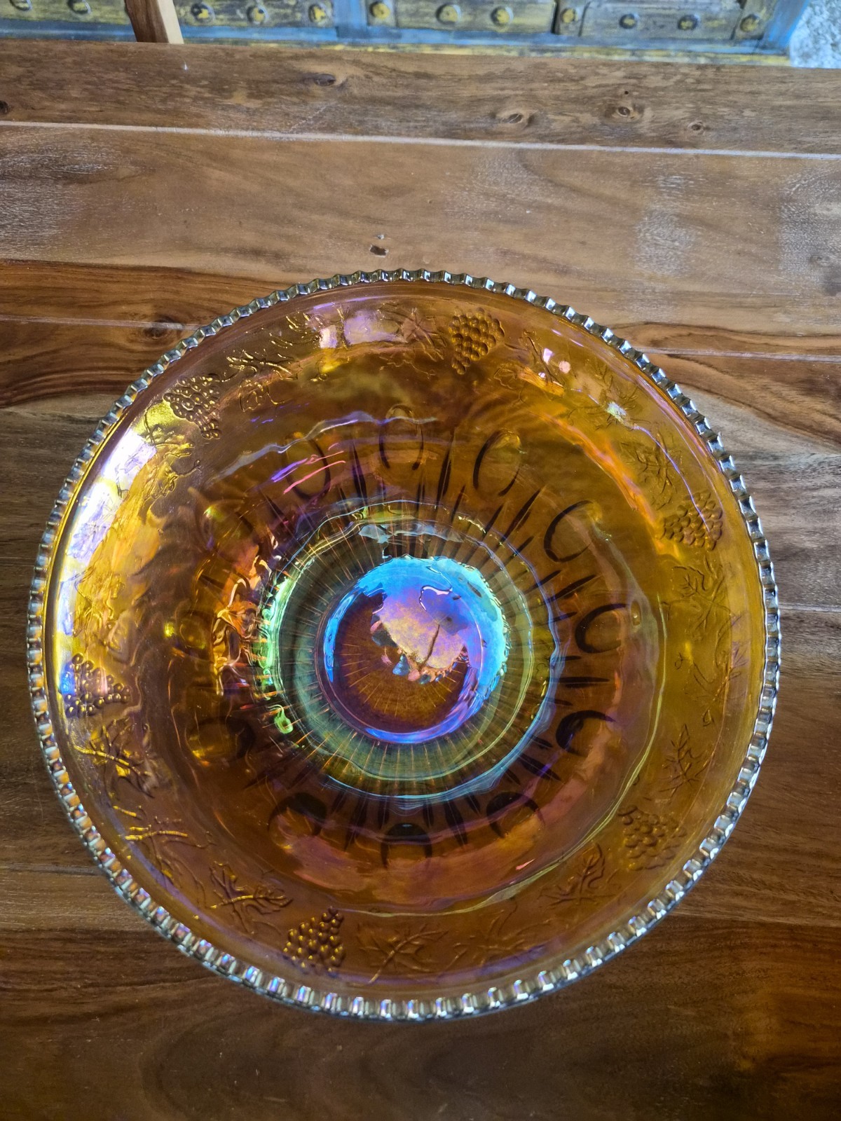 Amber Carnival Glass Grape Leaf Pattern Glossy Twelve-Piece Punch Bowl Set