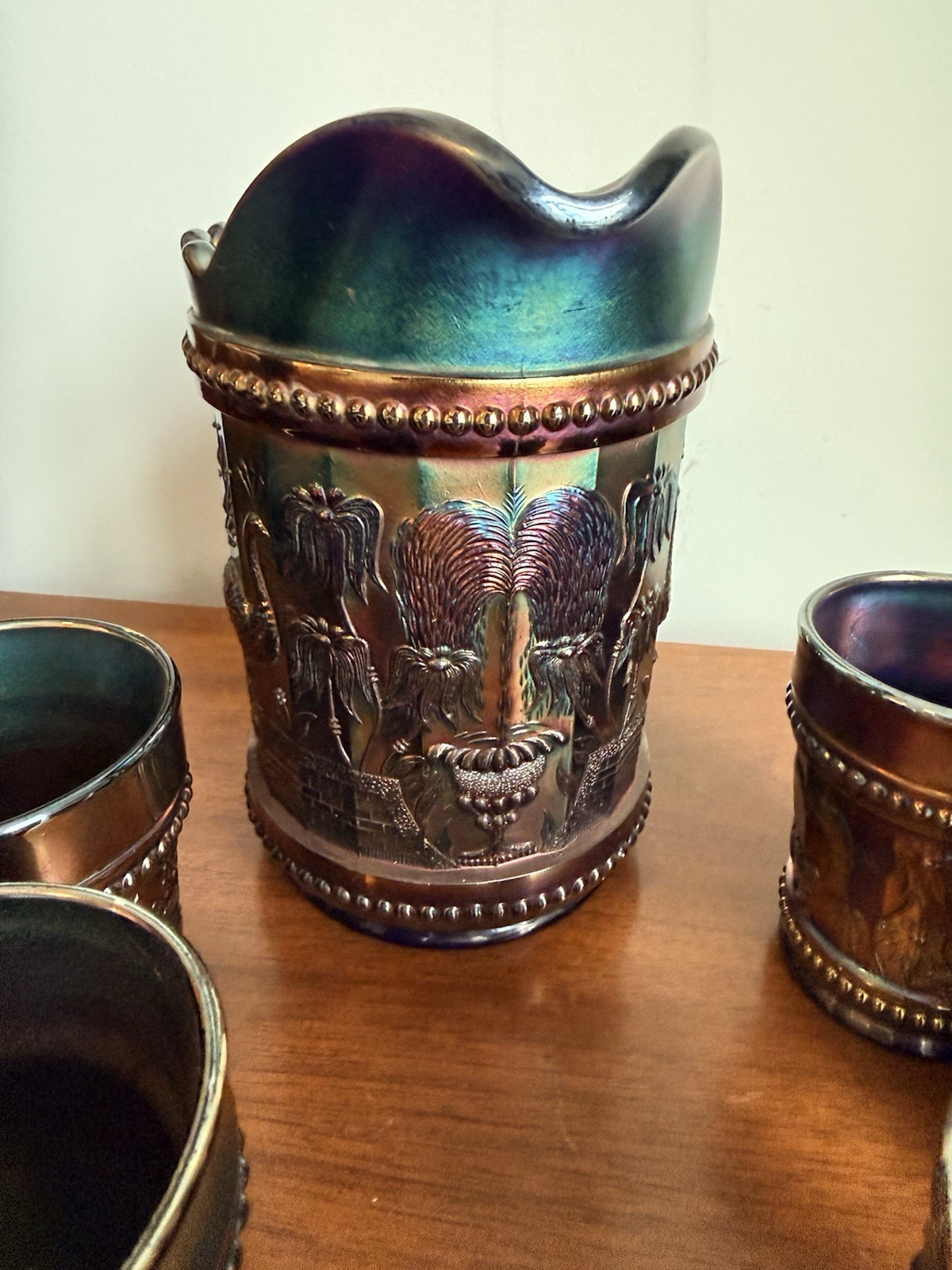 Antique Northwood Carnival Glass Peacock At The Fountain Pitcher & Tumblers Set