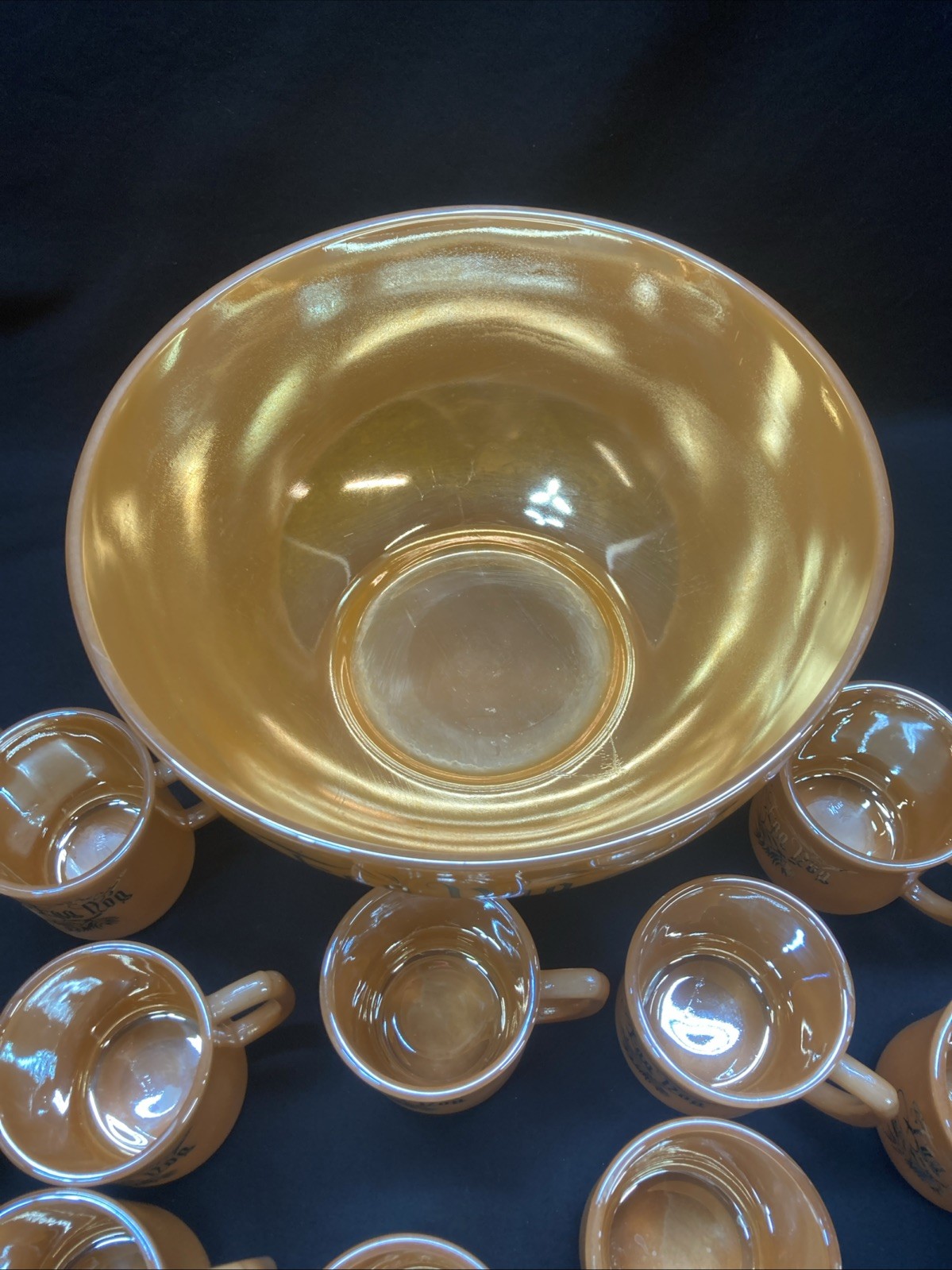 eggnog punch bowl set vintage Tom & Jerry Peach Luster Fire King W/stand 12 Cups