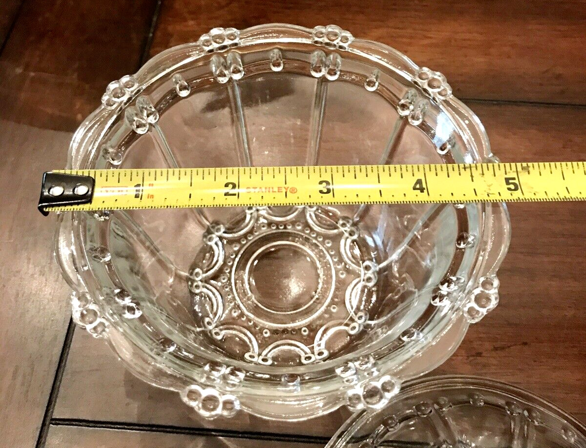 Vintage 5″ Indonesia KIG Clear Beaded Glass Dainty Candy Dish With Lid