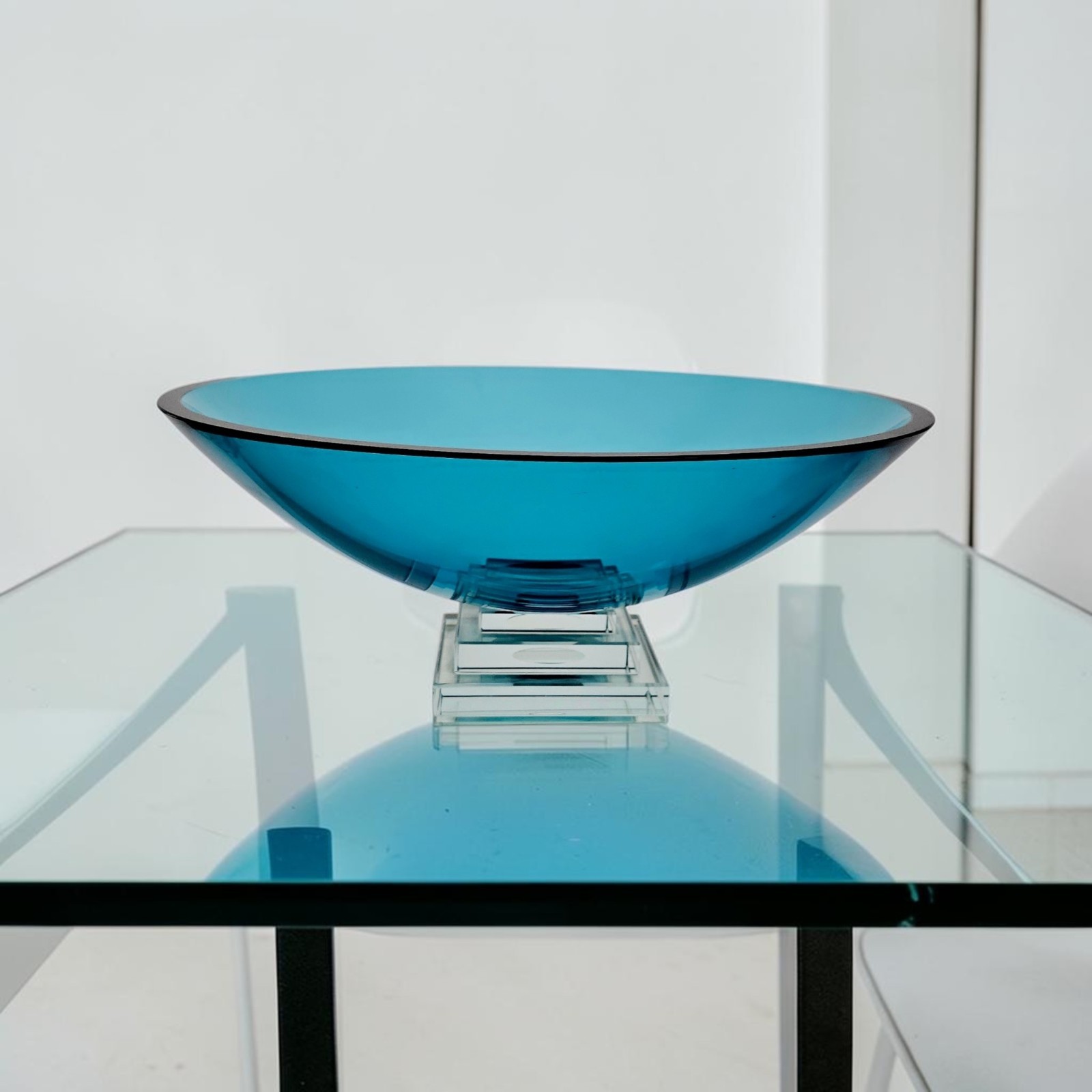 Stephen Schlanser Eclipse Bowl Signed 1992 Aqua Art Glass Centerpiece 16″ Mint