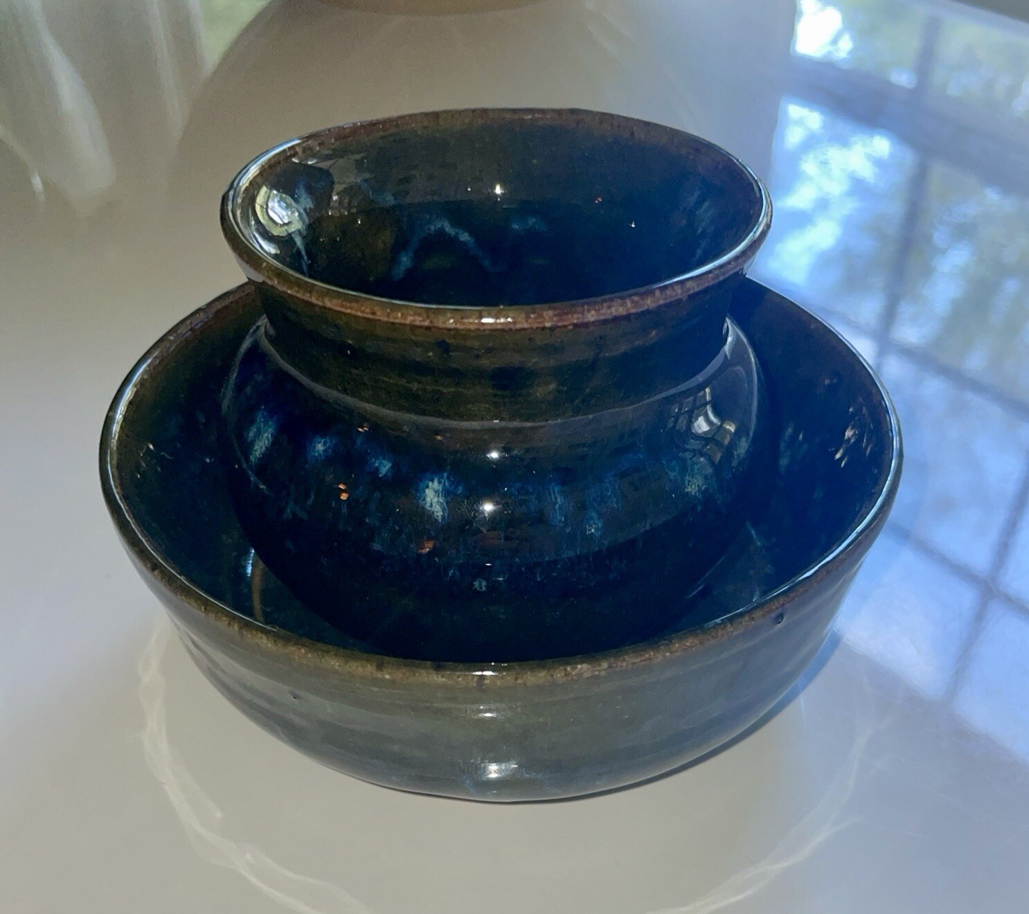 2 Pc Signed Studio Pottery Planter / Saucer Moody Blue Drip Ceramic Hand Thrown