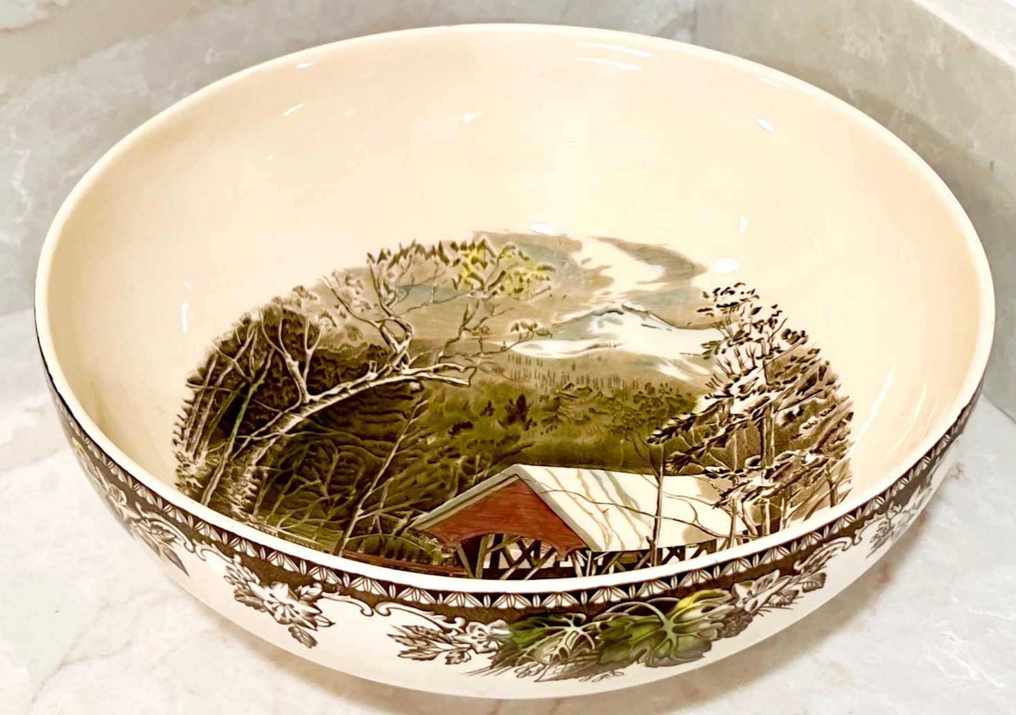 Vintage Johnson Brothers Friendly Village Covered Bridge 12″ Large Serving Bowl