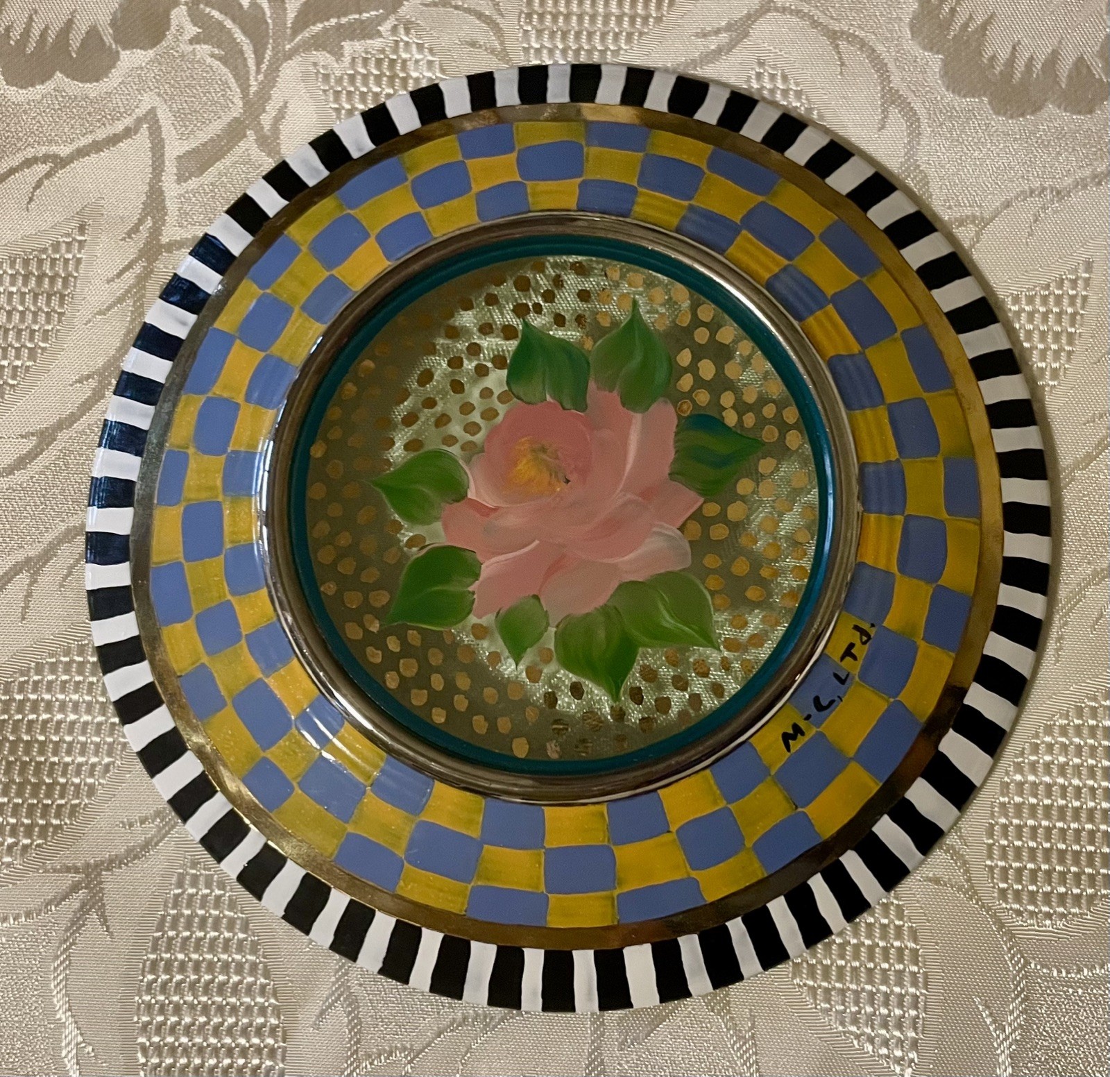 Rare Early MacKenzie-Childs Glass Dessert Plates Rose Garland & Full Bloom. Mint