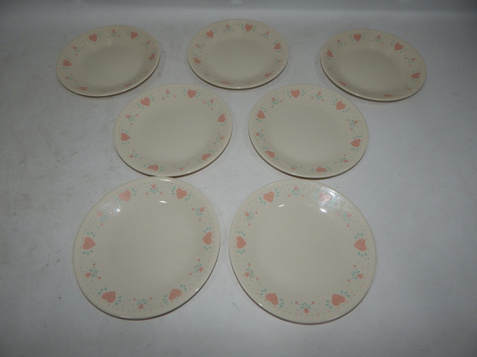 Vtg Set of 7 Corelle Corning Ware Pink Hearts Dessert Plates 6.75″ Forever Yours