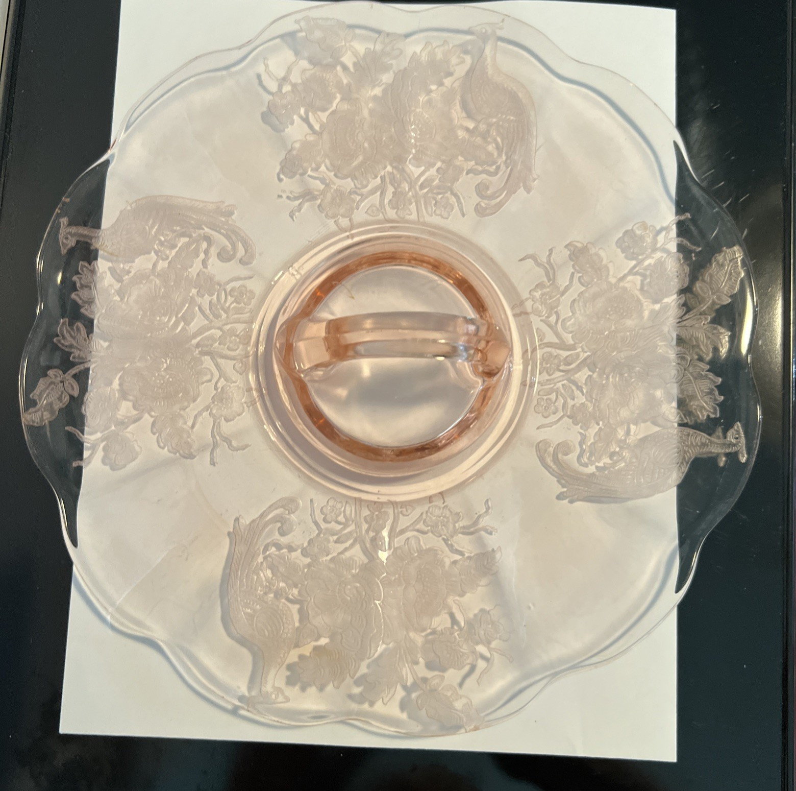Paden City Peacock & Wild Rose Pink Glass #300 Center Handle Tray 10 3/8″