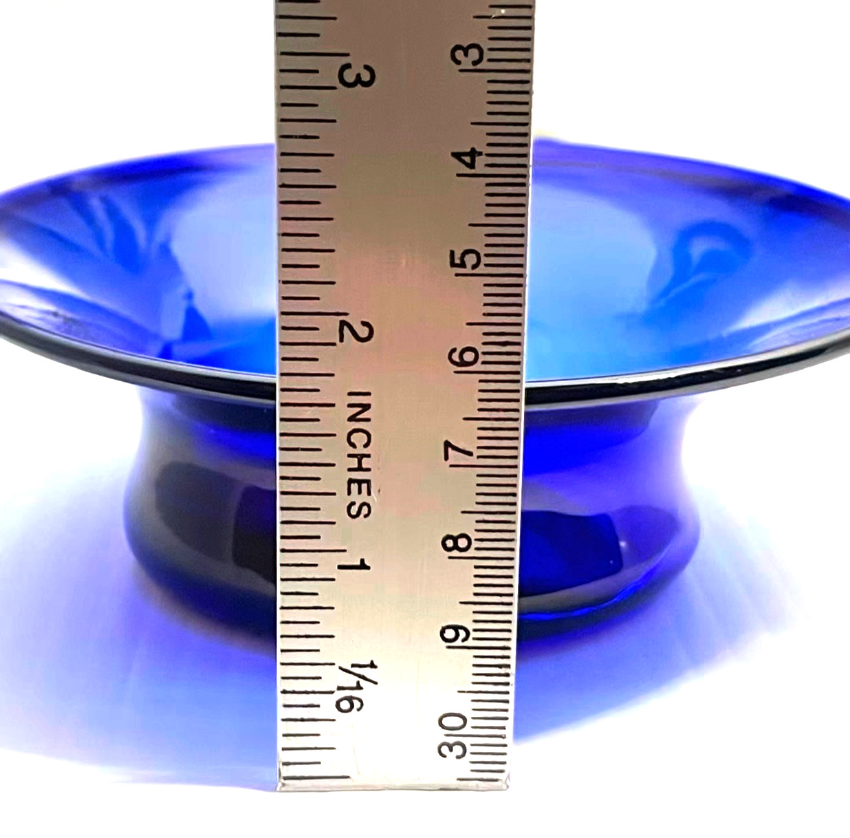 JW Shelton Cobalt Blue Glass Footed Candy Dish Bowl Asymmetrical Signed 5.5×2″