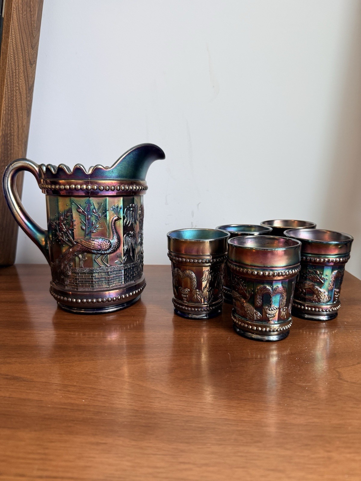 Antique Northwood Carnival Glass Peacock At The Fountain Pitcher & Tumblers Set