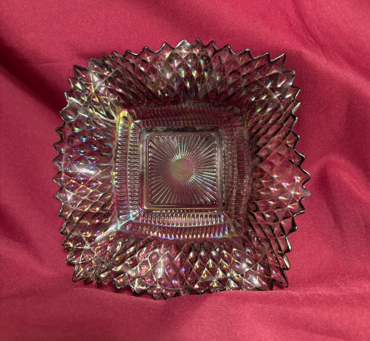 Vintage Indiana Carnival Glass Smoke Gray Ruffled Iridescent 6.5″ Square Dish