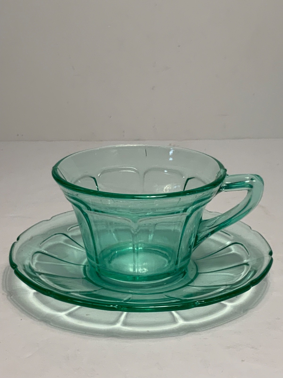 Set of 2 Vintage Diamond Glass Co. Victory Green Uranium Glass Cups & Saucers
