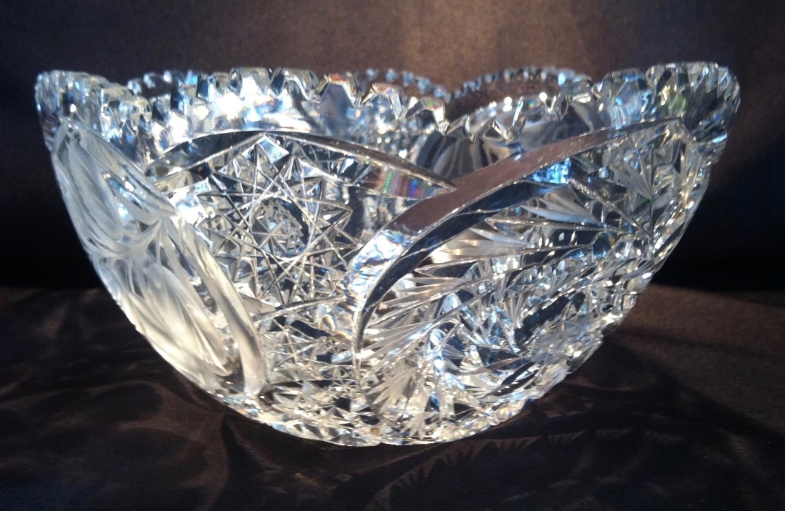 Cut Glass Bowl Intaglio: 11 5/8″ L x 7 1/2 W x 4 1/2″ H