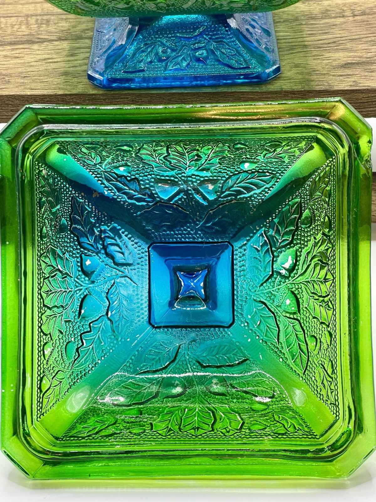 Jeannette Glass Acorns & Oak Leaves Blue Green Flash Covered Vintage Candy Dish