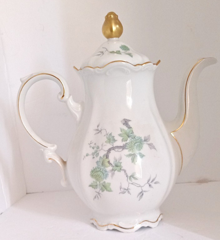 Mitterteich Green Ming Teapot or Coffee Pot w/Lid Gold Trim Green Flowers & Tree