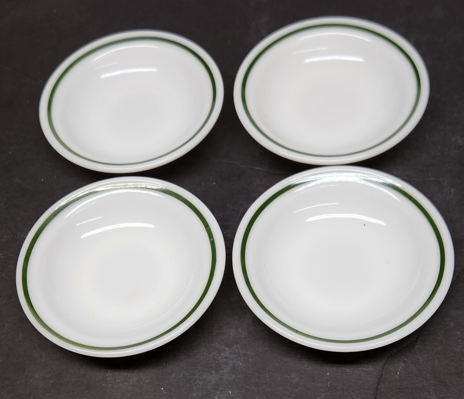 4 Pyrex Double Tough White w/Green Stripe Fruit/Berry Bowls Corning Ware