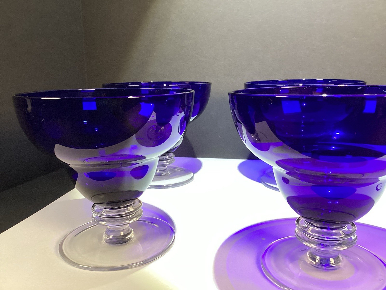 6 Deco Style Cobalt Blue Clear Footed Dessert Sherbet Ice Cream Bowls