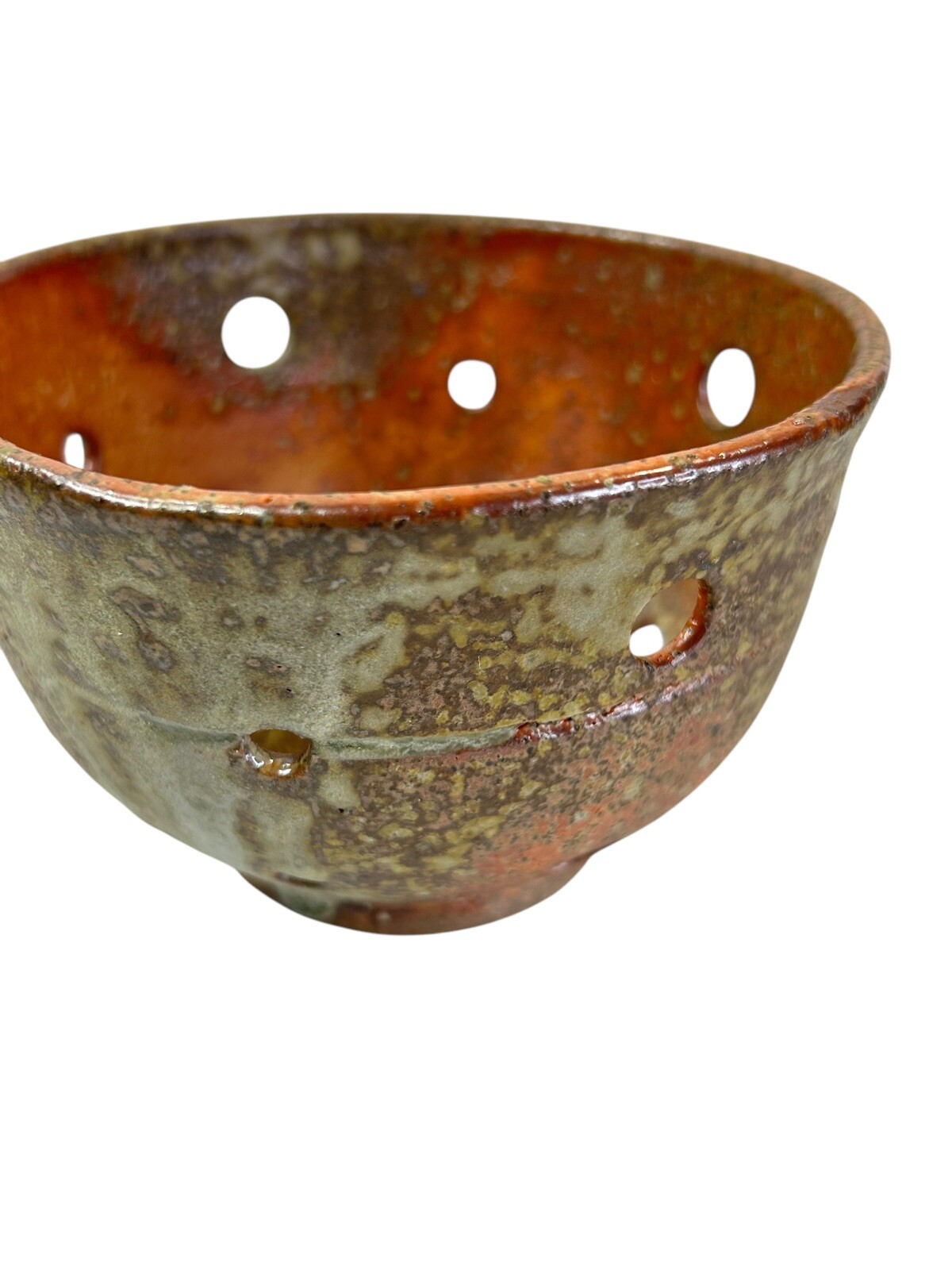 Studio Art Pottery Colander Strainer Fruit Bowl Brown Hand Made Signed NA