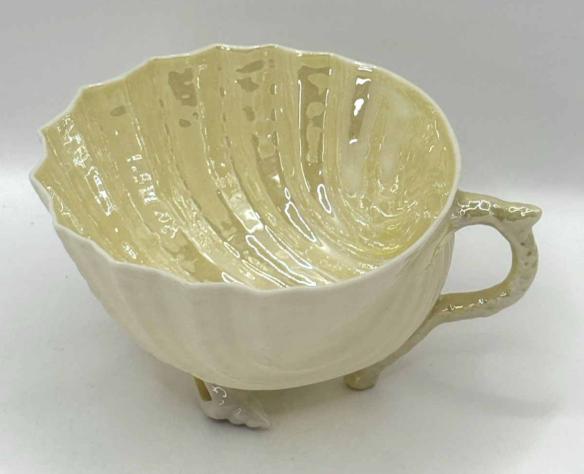 Belleek Neptune Shell Footed Cup and Saucer Yellow Ireland ~ Green Mark