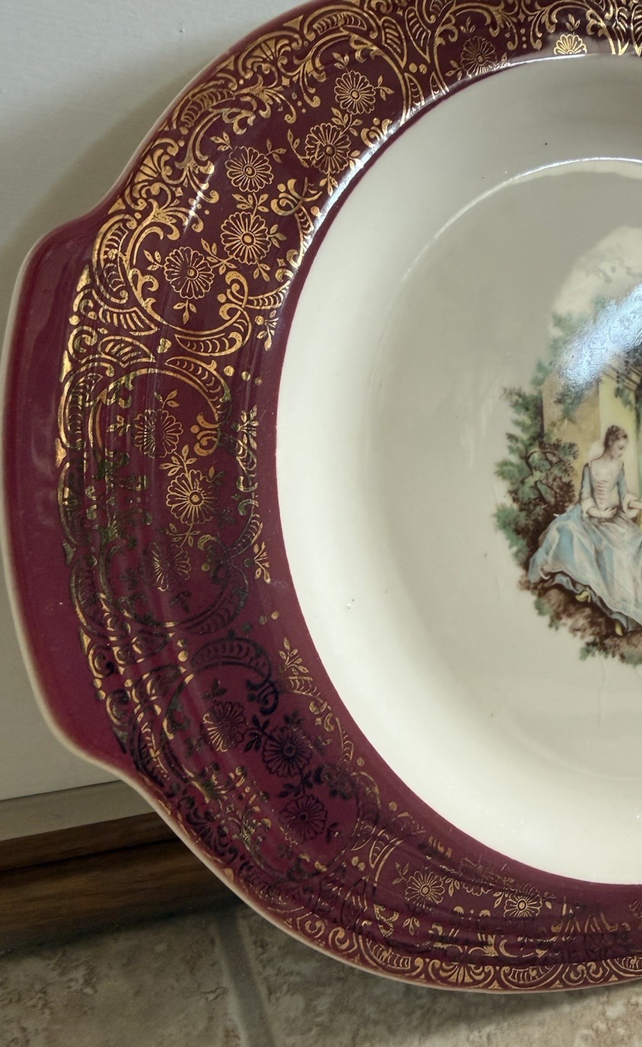 Vintage Sebring Pottery Serenade Burgundy T-S284 22K Gold Handled Platter USA