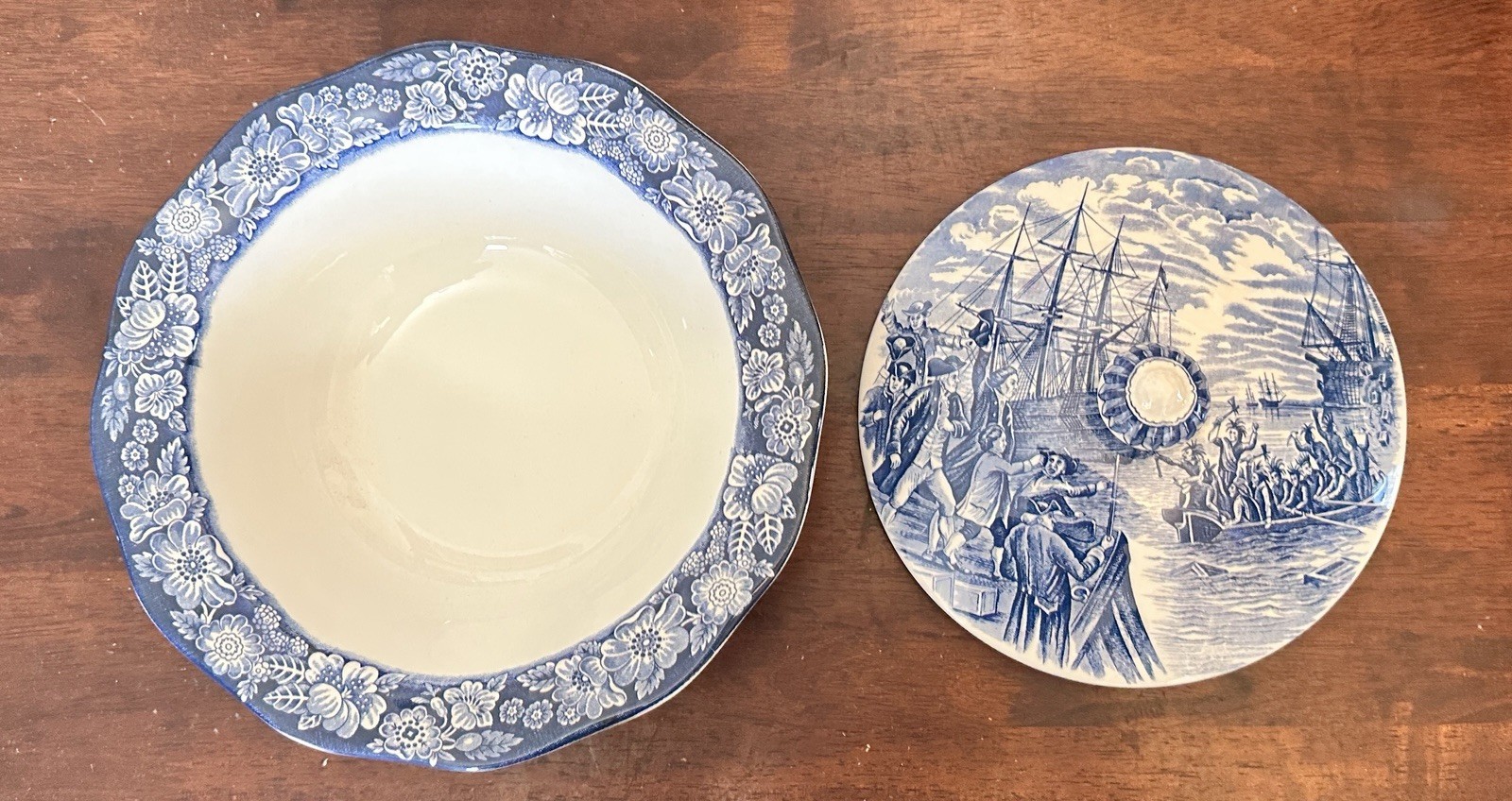 Vintage Liberty Blue Colonial Scenes Staffordshire Boston Tea Party Bowl W/Lid