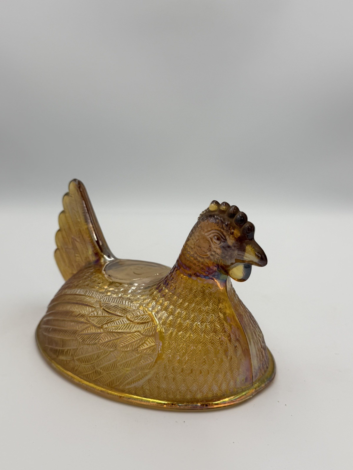 Vintage Indiana Hen On Nest Golden Amber Iridescent Carnival Glass *TOP ONLY*