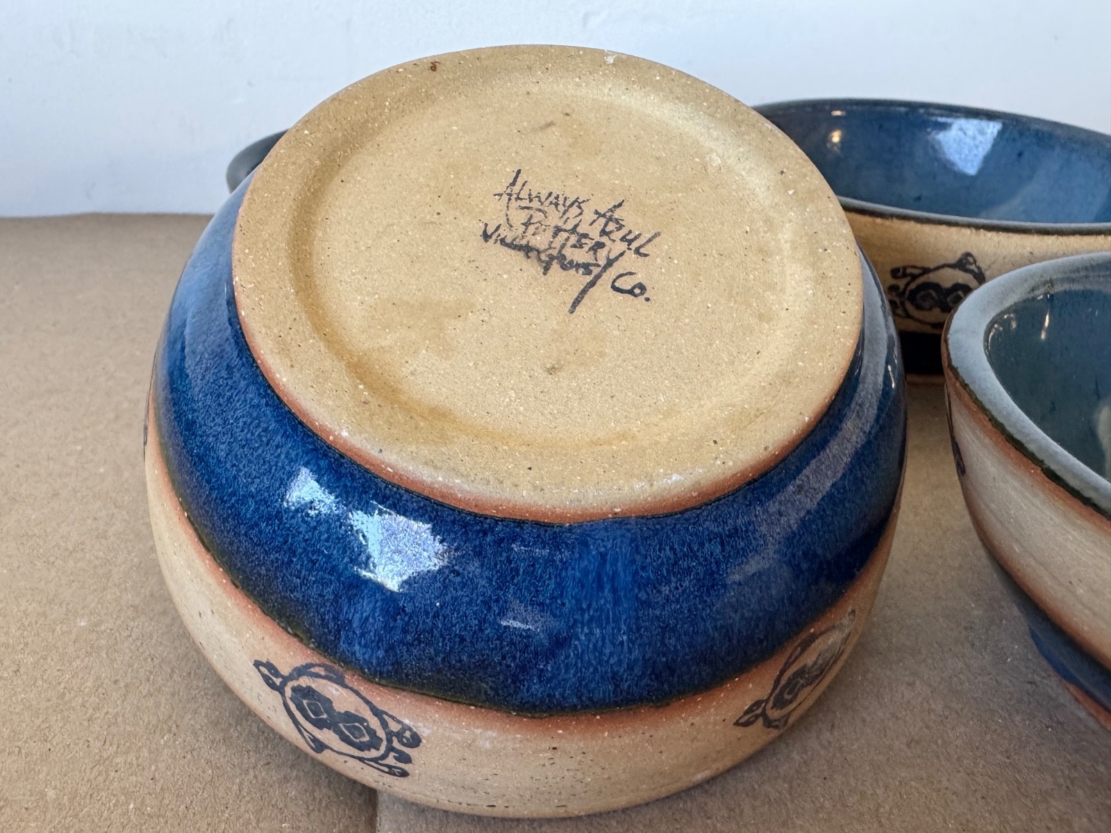 Always Azul Pottery 6″ Soup Bowls x4 Blue Turtle Design Discontinued Colorado