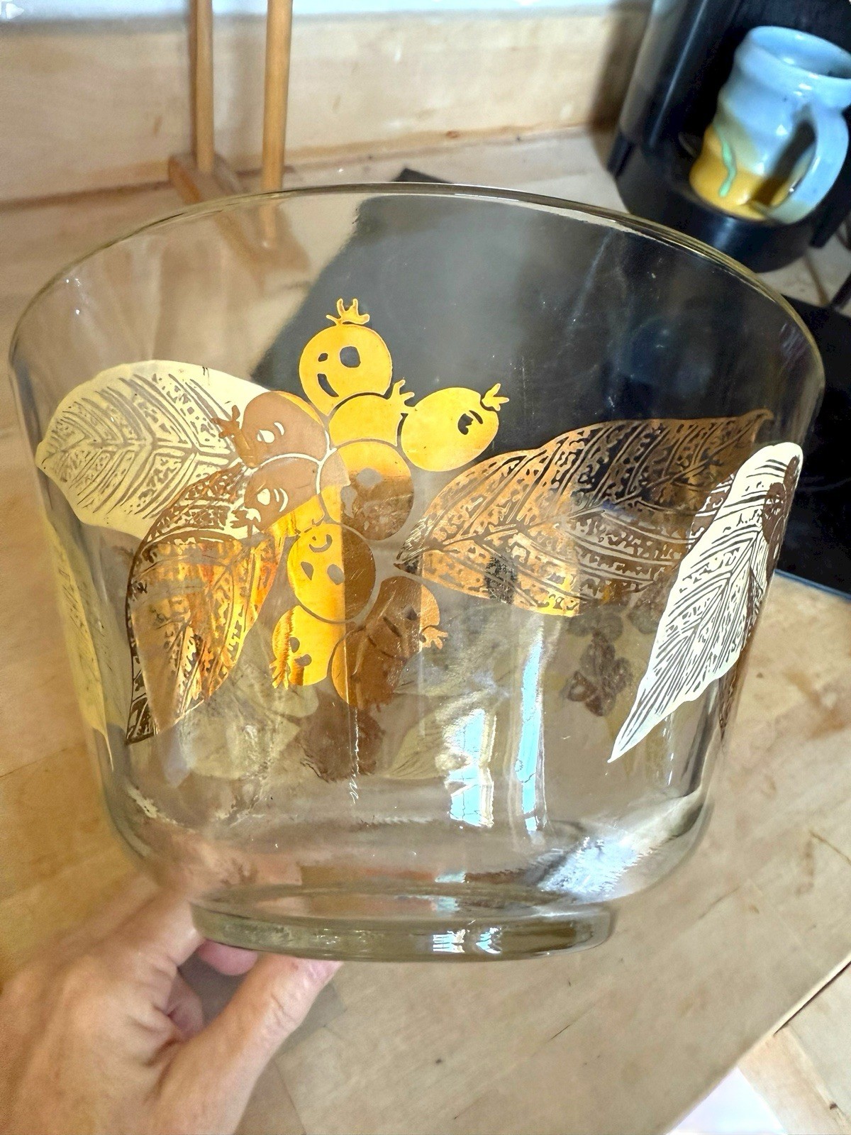 Vintage MCM Glass Snack Bowl Anchor Hocking Retro Gold Painted Fruit and Leaves