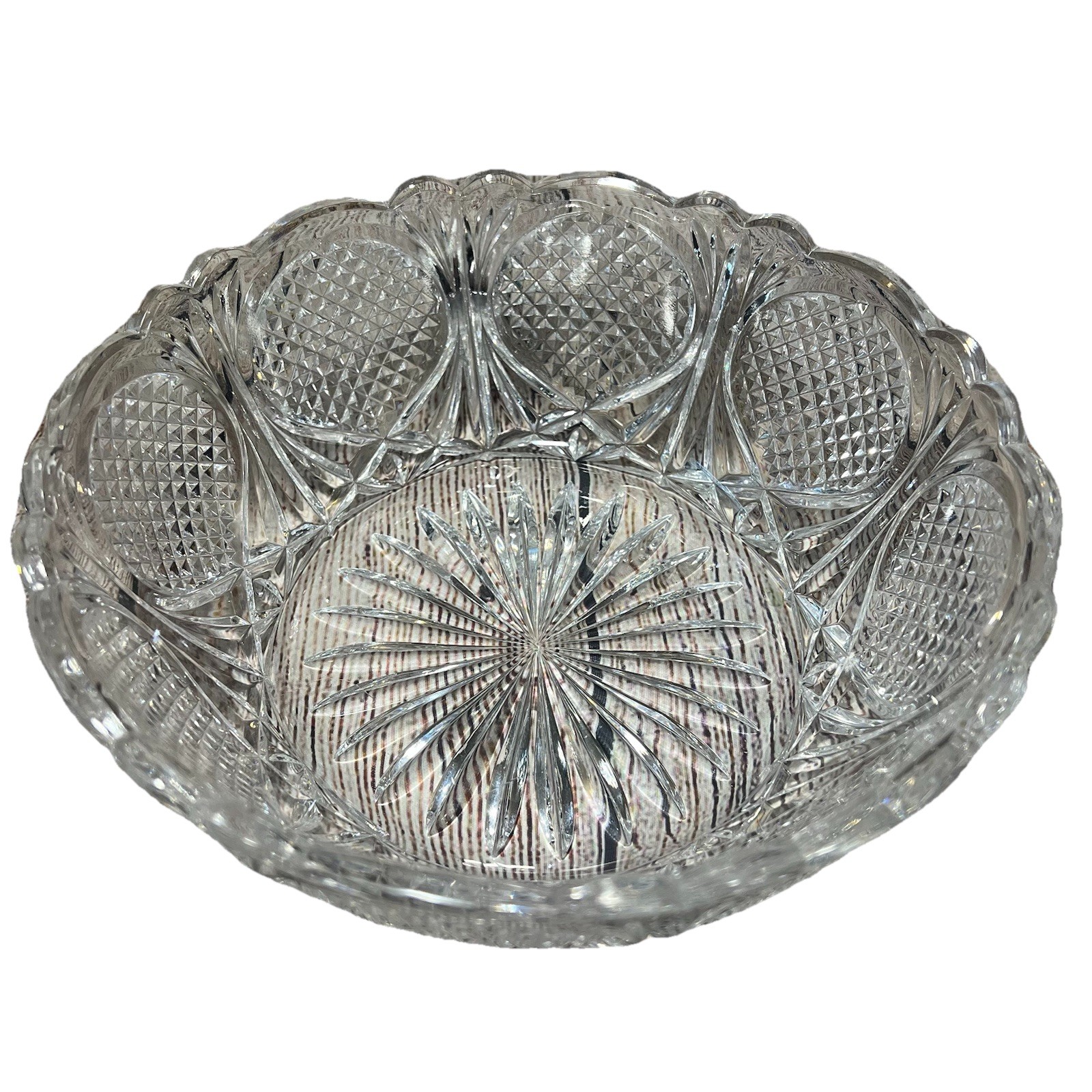 American Brilliant Period Cut Glass Crystal Bowl 9″ Scalloped Intricate ABP